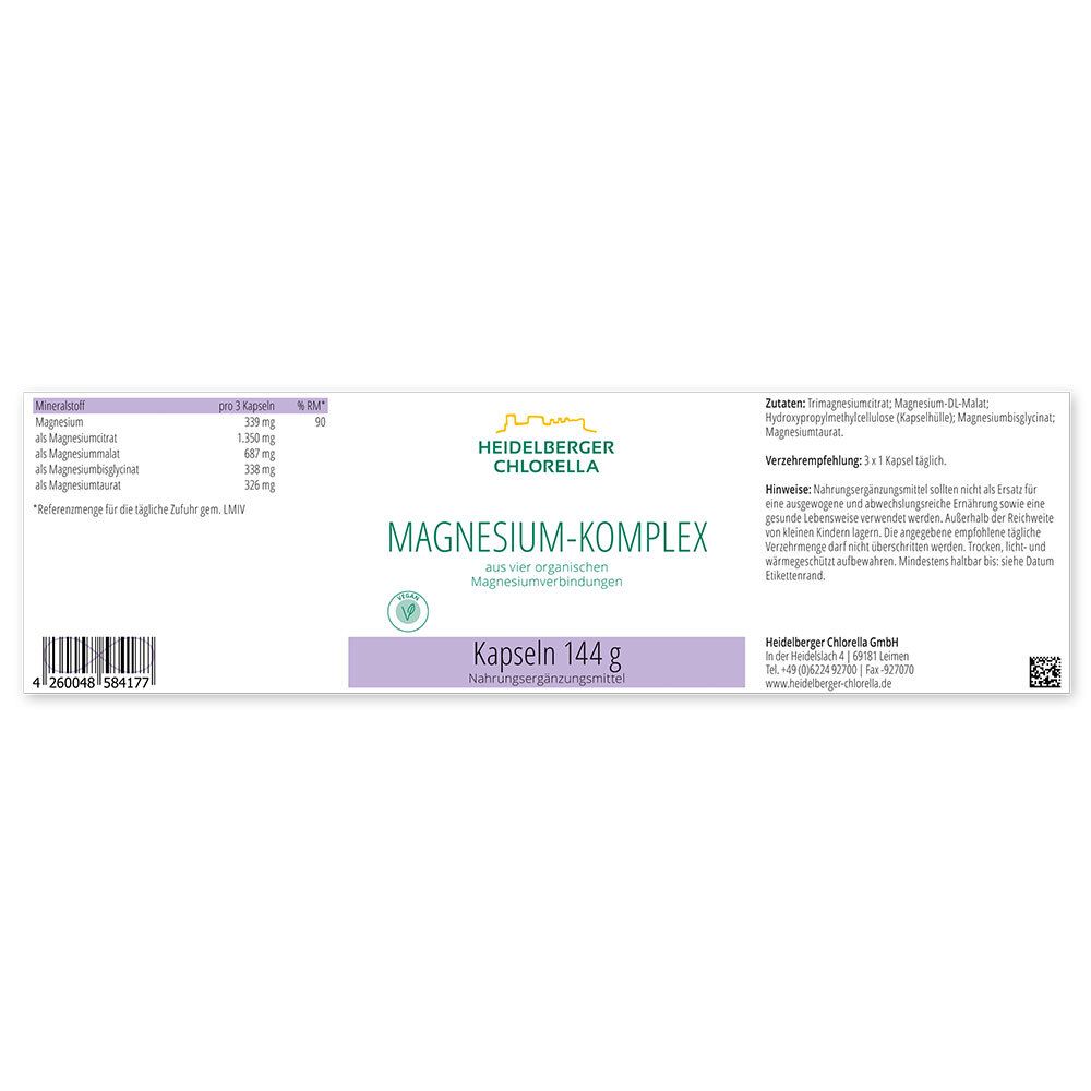 Etikett mit Informationen zu Heidelberger Chlorella Magnesium-Komplex. Enthält Nährwertangaben und Inhaltsstoffe. Kapseln, 144 g.