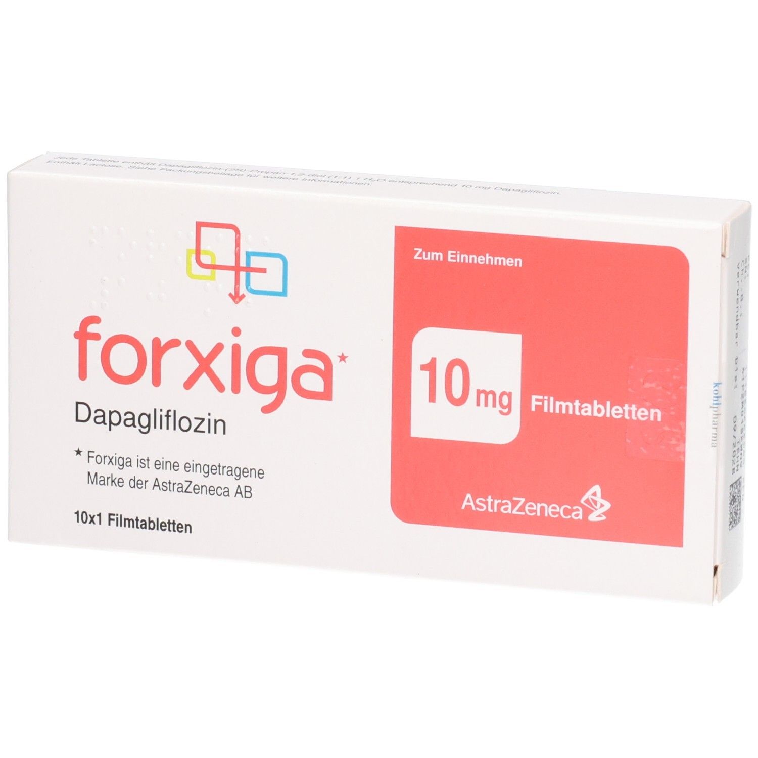 Verpackung von Forxiga 10 mg Filmtabletten mit Dapagliflozin.