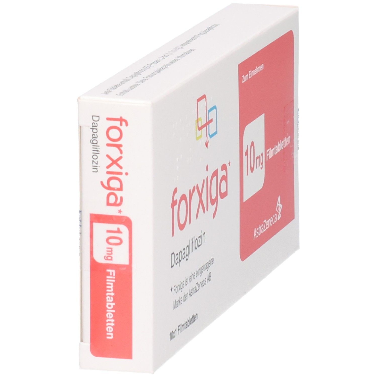 Seitenansicht der Forxiga 10 mg Filmtabletten Verpackung.