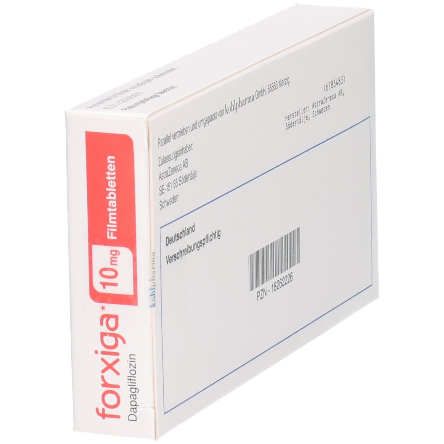 Seitenansicht der Forxiga 10 mg Filmtabletten Verpackung mit PZN.
