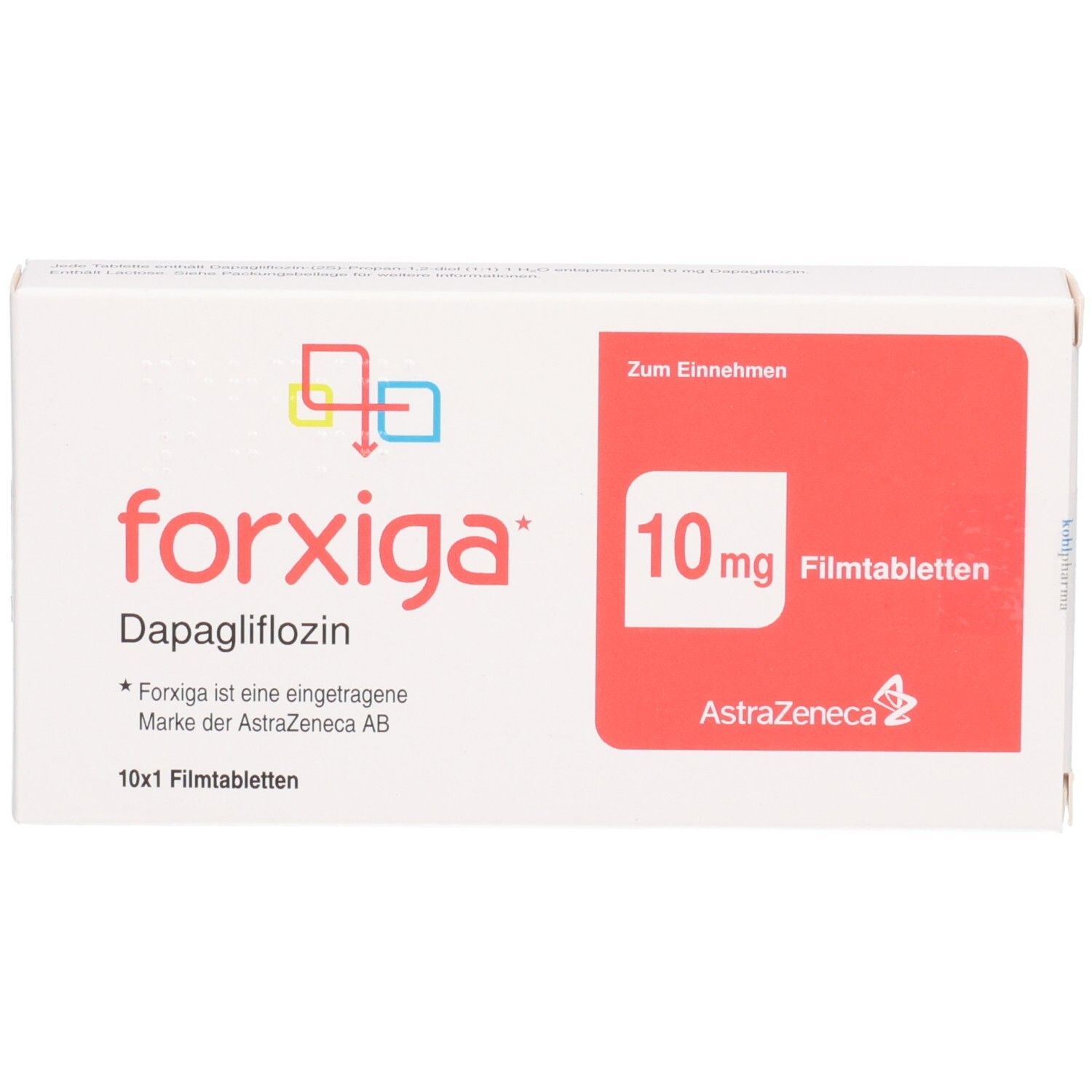 Verpackung von Forxiga 10 mg Filmtabletten mit Dapagliflozin.