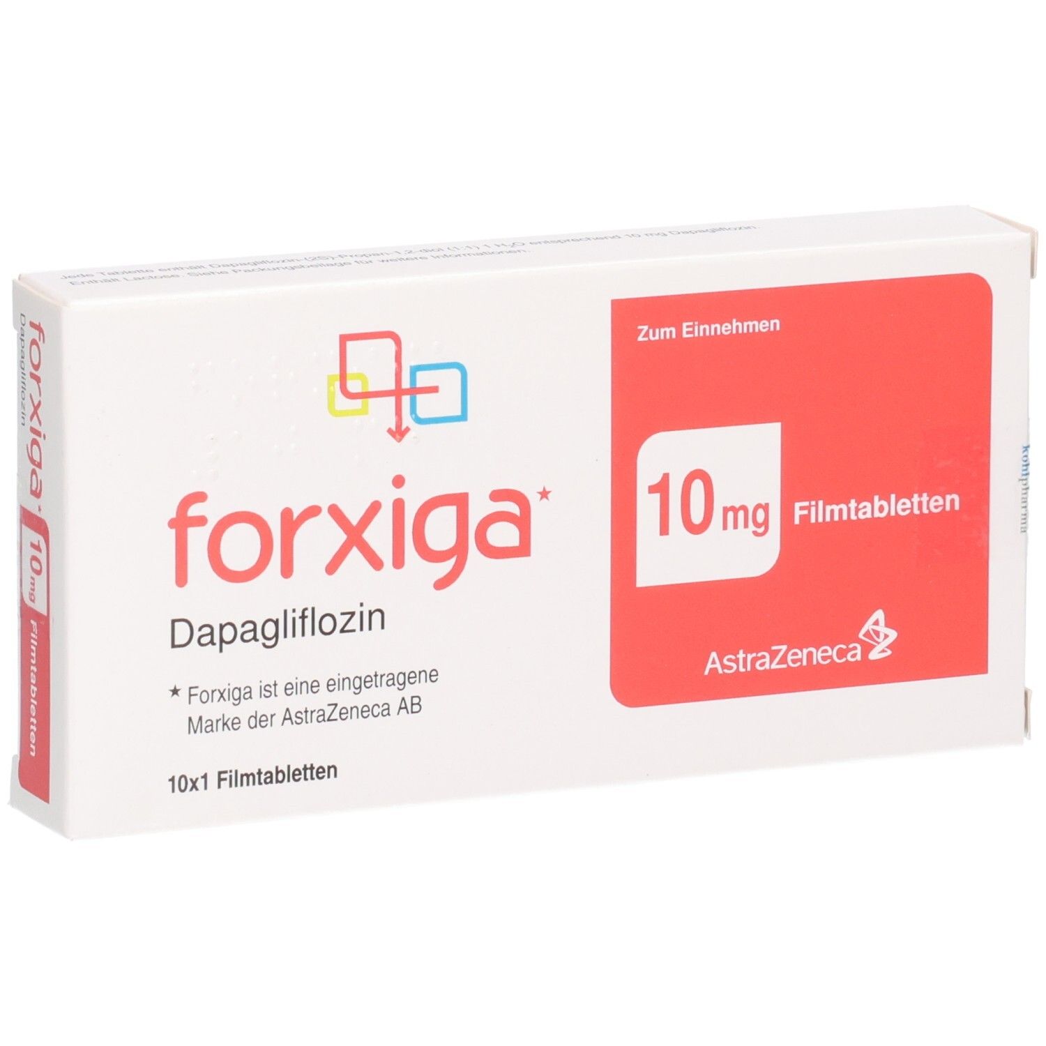 Vorderseite der Forxiga 10 mg Filmtabletten Verpackung.