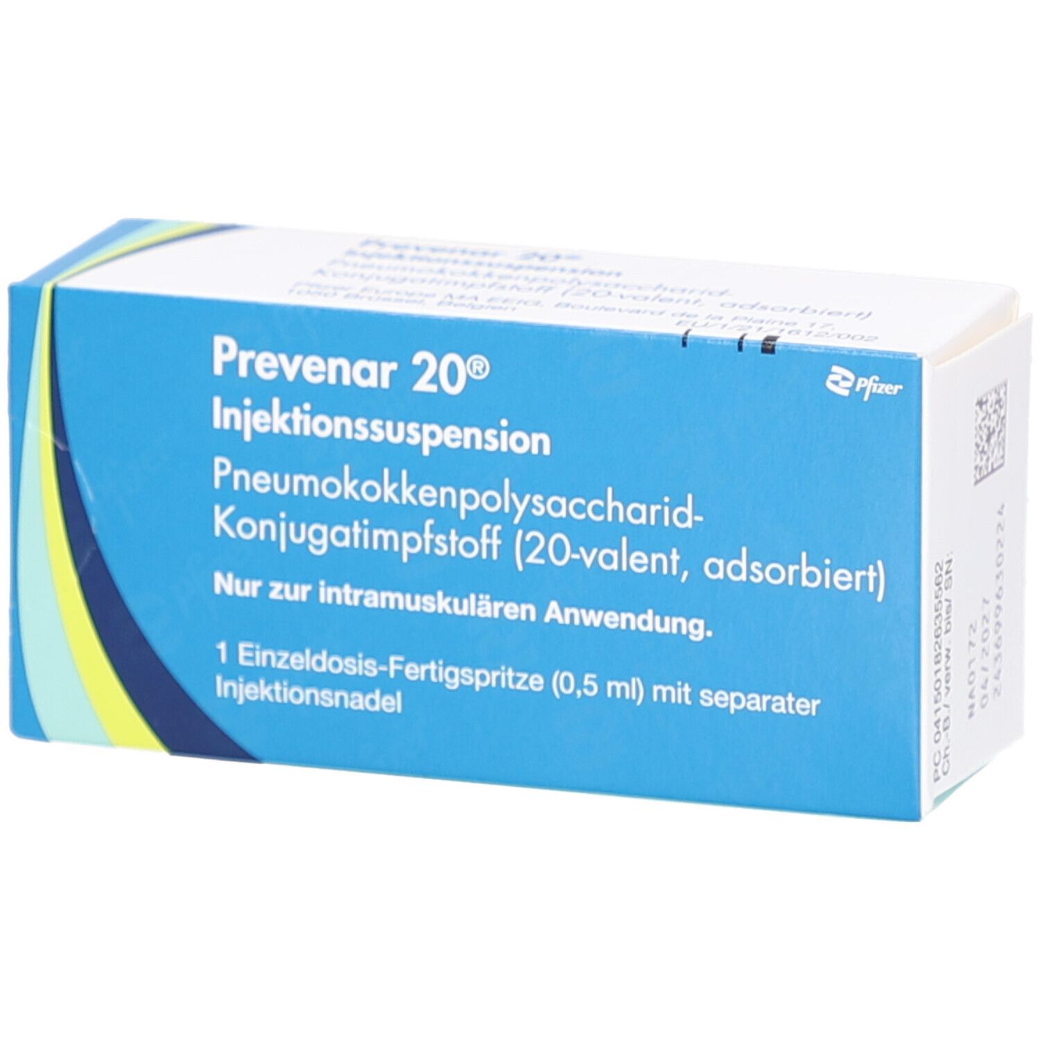 Blau-weiße Faltschachtel mit Produktnamen und Informationen. Enthält eine Fertigspritze. Pfizer-Logo.