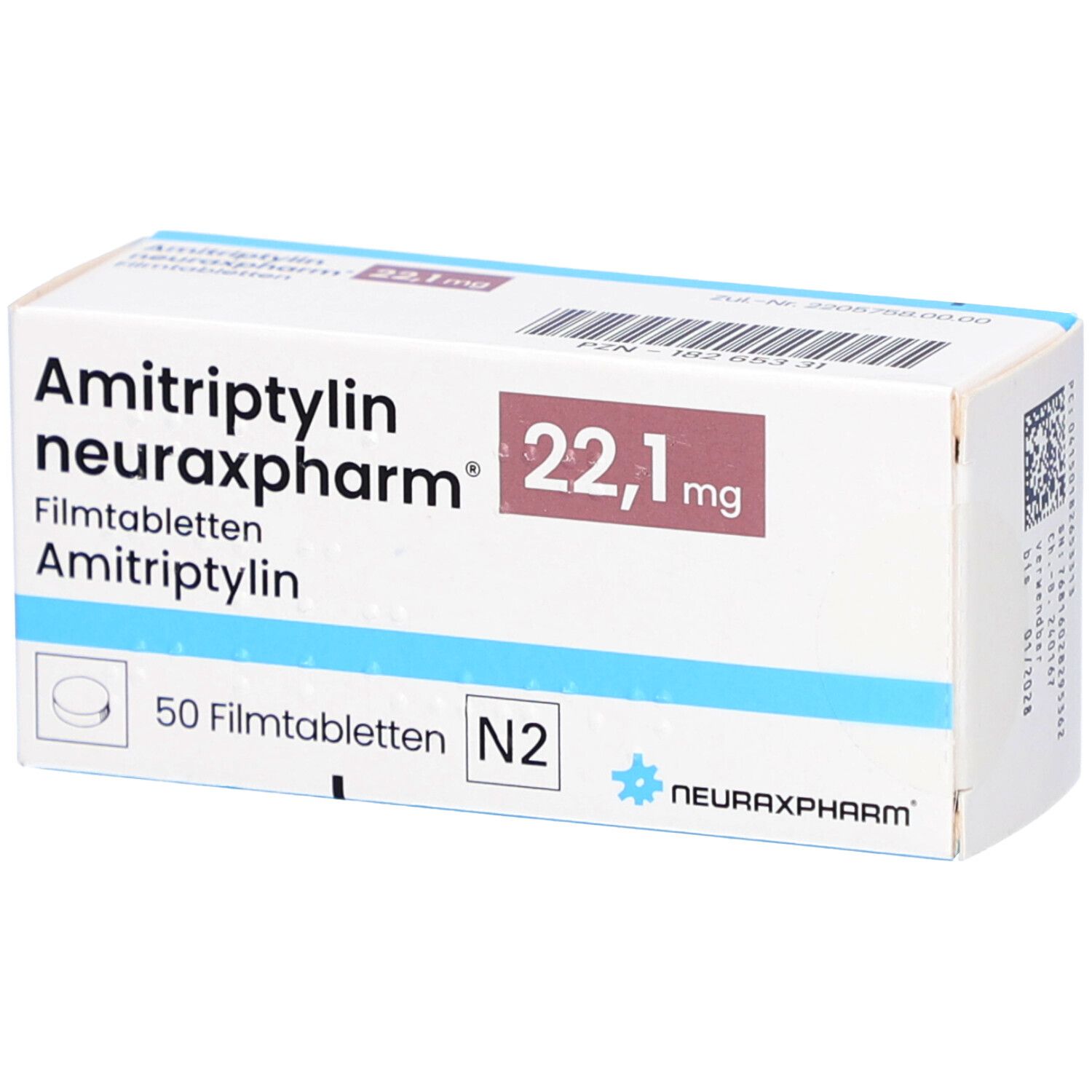 Schachtel mit AMITRIPTYLIN neuraxpharm 22,1 mg Filmtabletten. 50 Filmtabletten, N2. Logo neuraxpharm. Weiße Schachtel mit rotem Feld.
