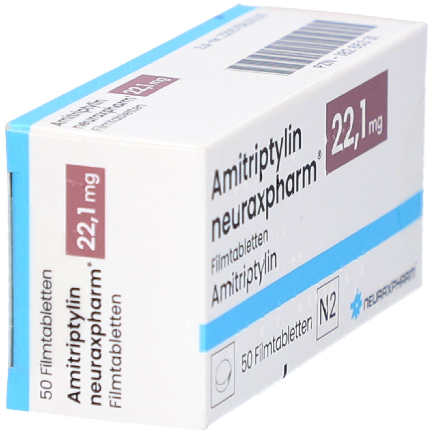 Schachtel AMITRIPTYLIN neuraxpharm 22,1 mg Filmtabletten. 50 Filmtabletten, N2. Logo neuraxpharm. Weiße Schachtel mit rotem Feld und blauen Streifen.