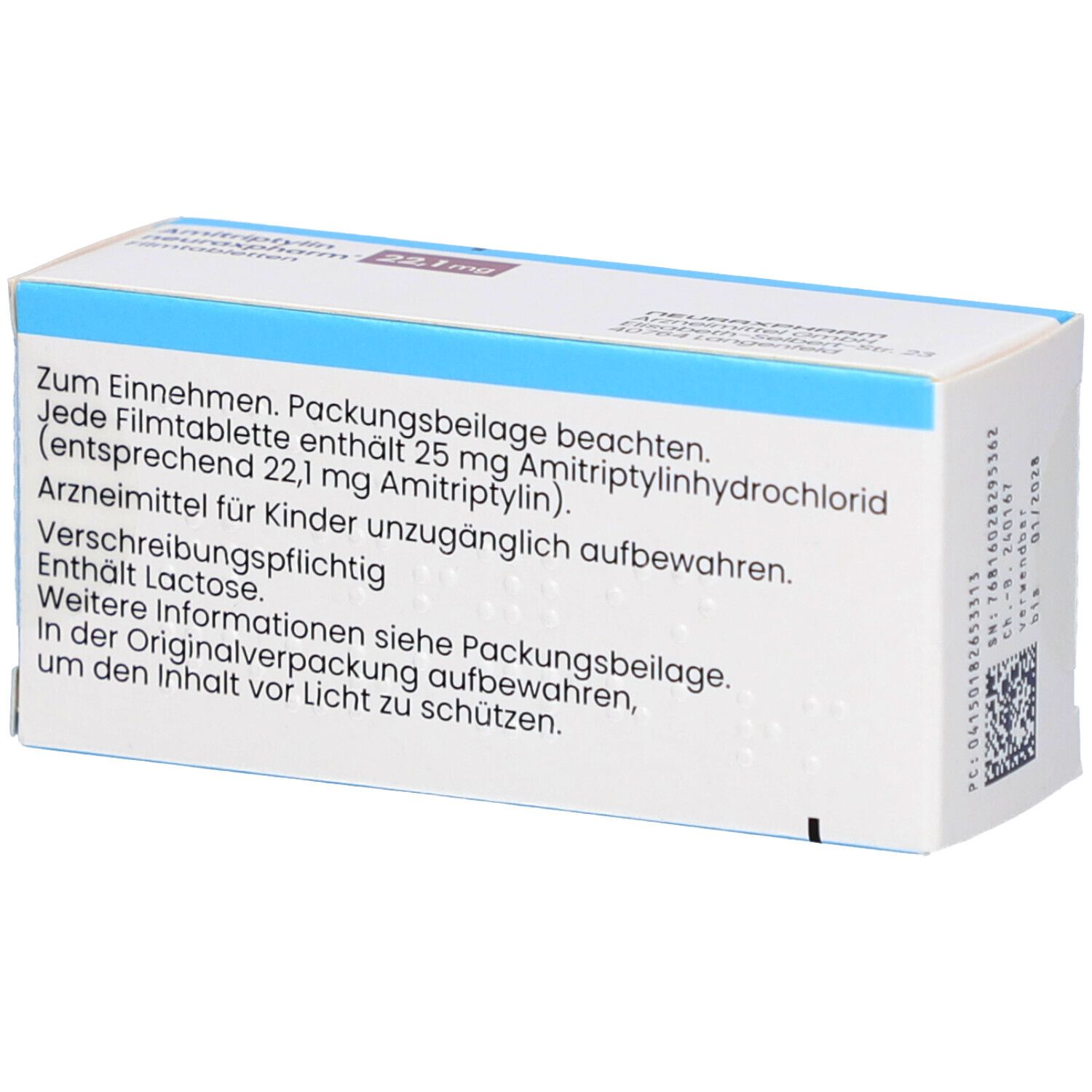 Rückseite der Schachtel AMITRIPTYLIN neuraxpharm 22,1 mg Filmtabletten. Textinformationen in Deutsch. Weiße Schachtel mit blauen Streifen.