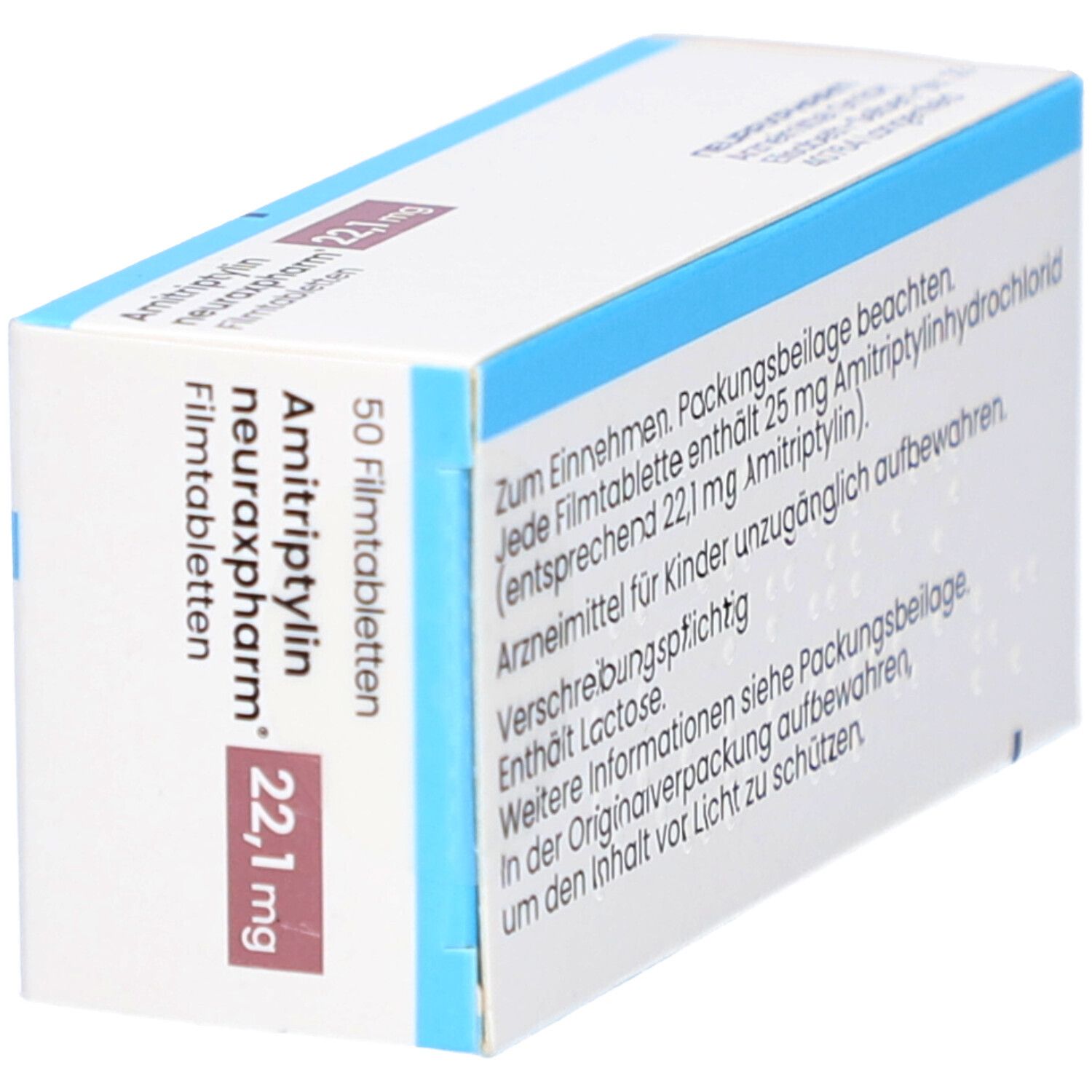 Schachtel AMITRIPTYLIN neuraxpharm 22,1 mg Filmtabletten. Rückseite mit Text. Weiße Schachtel mit blauen Streifen.