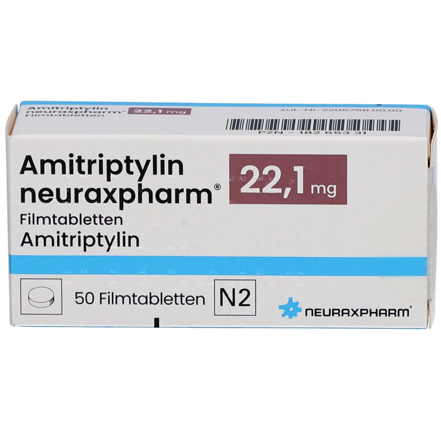 Schachtel AMITRIPTYLIN neuraxpharm 22,1 mg Filmtabletten. 50 Filmtabletten, N2. Logo neuraxpharm. Weiße Schachtel mit rotem Feld.