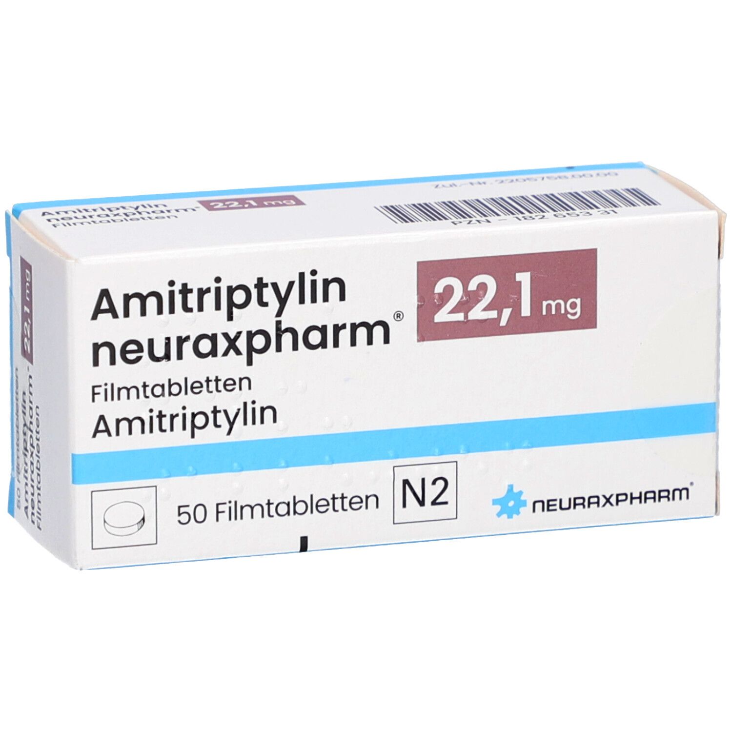 Schachtel AMITRIPTYLIN neuraxpharm 22,1 mg Filmtabletten. 50 Filmtabletten, N2. Logo neuraxpharm. Weiße Schachtel mit rotem Feld.