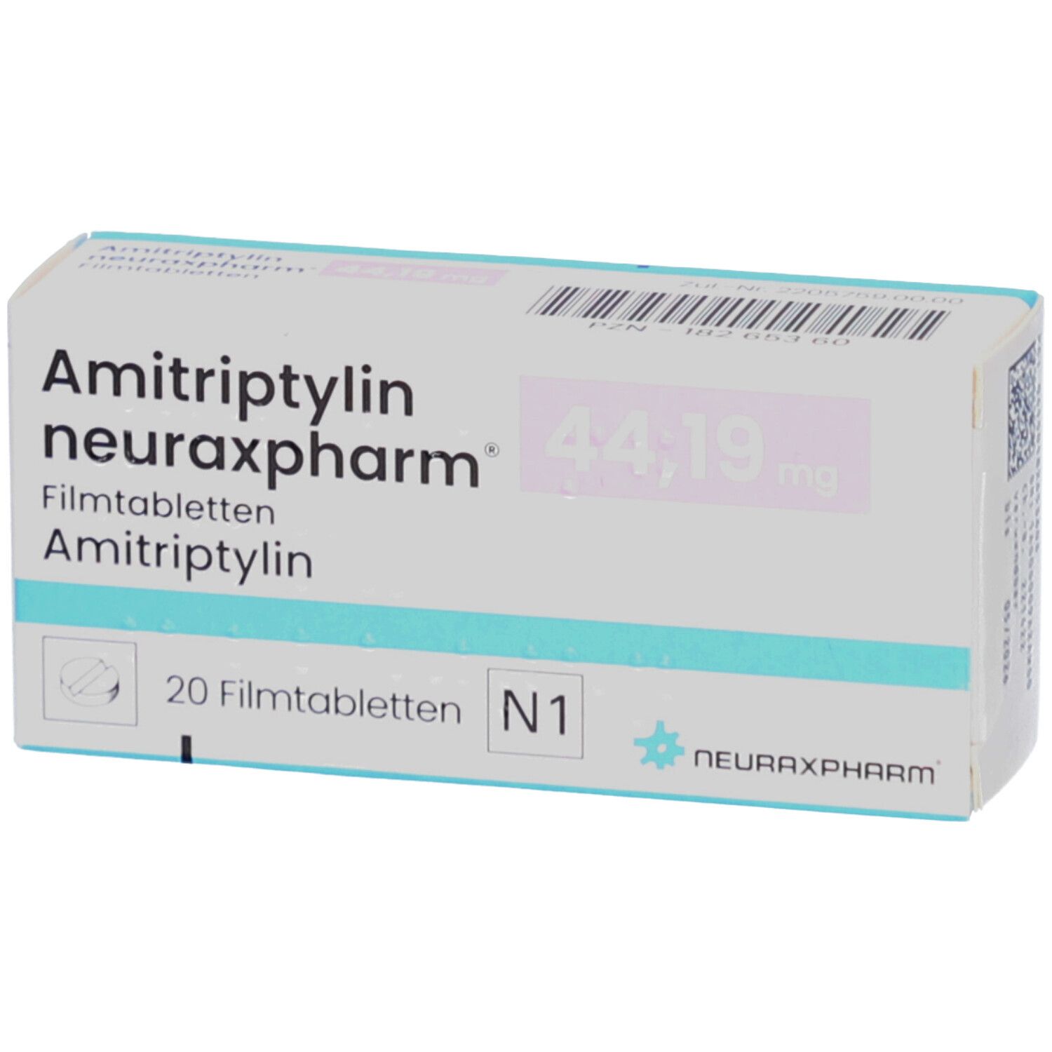 Schachtel mit AMITRIPTYLIN neuraxpharm Filmtabletten. Aufdruck: 44,19 mg, 20 Filmtabletten. Logo neuraxpharm.