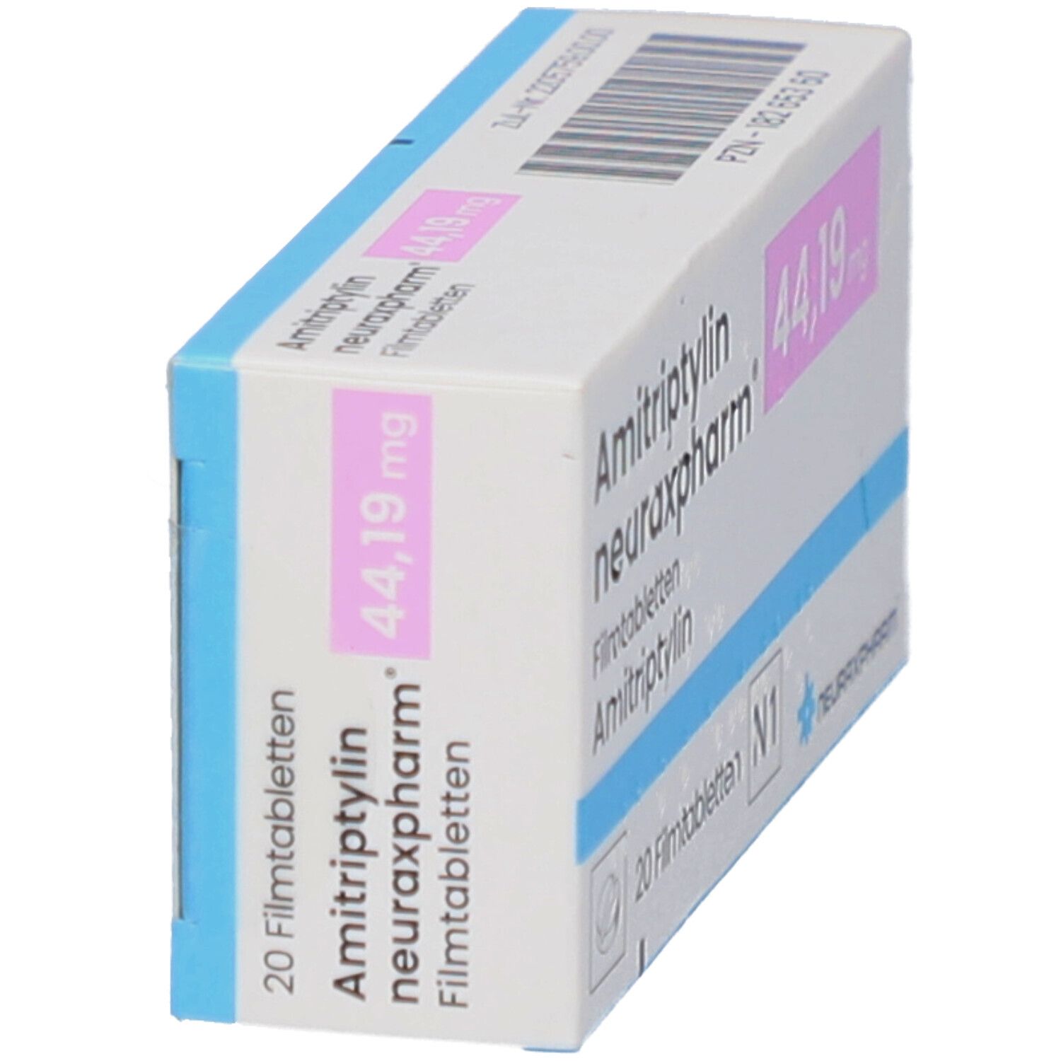 Schachtel AMITRIPTYLIN neuraxpharm, schräg. Aufdruck: 44,19 mg, 20 Filmtabletten. Logo neuraxpharm. Blaue und rosa Elemente.
