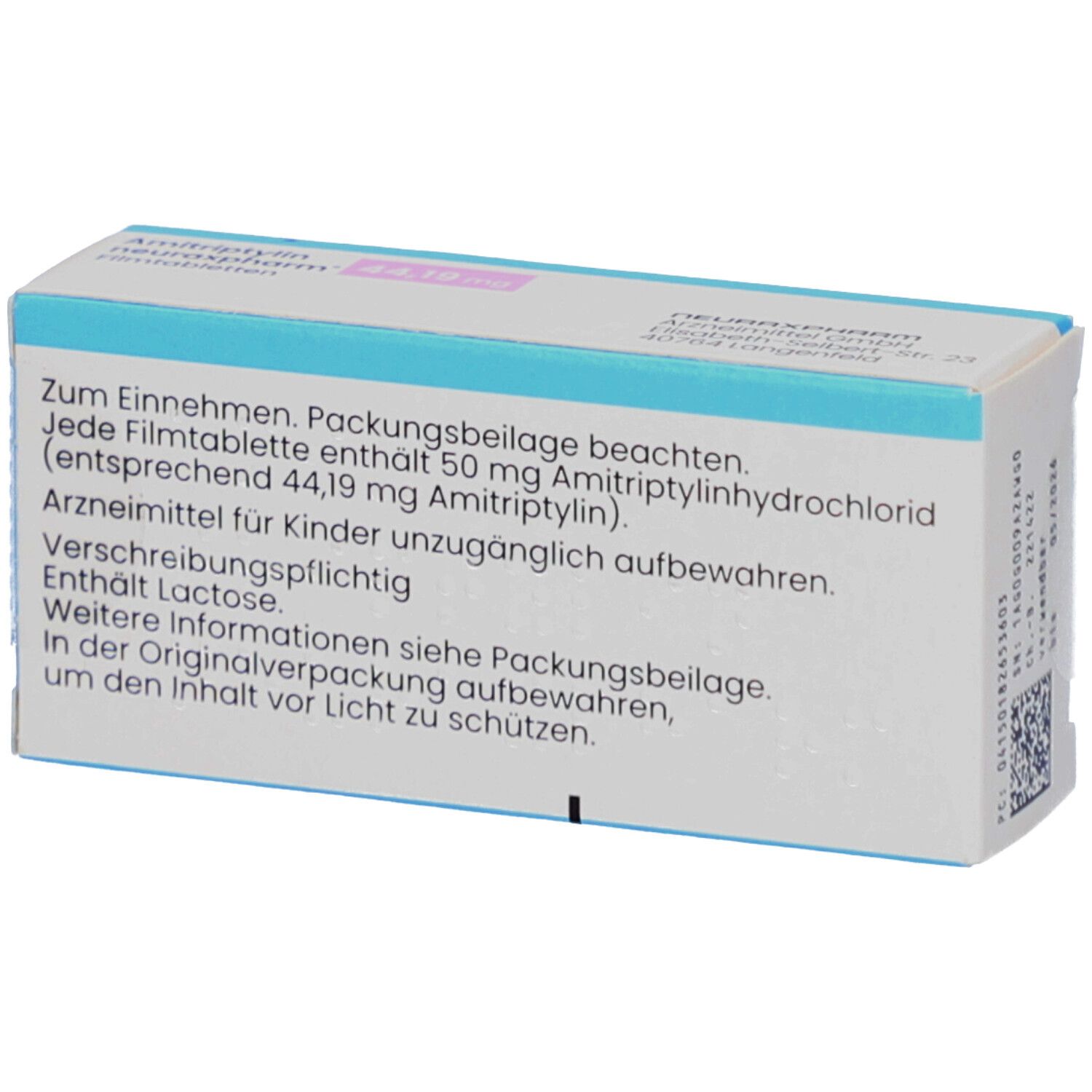 Rückseite der Schachtel AMITRIPTYLIN neuraxpharm. Text: Packungsbeilage beachten, 50 mg Amitriptylin, Enthält Lactose.