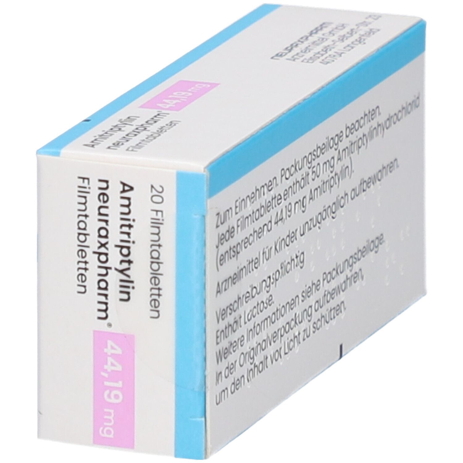 Schachtel AMITRIPTYLIN neuraxpharm, schräg. Aufdruck: 44,19 mg, 20 Filmtabletten. Logo neuraxpharm. Blaue und rosa Elemente.