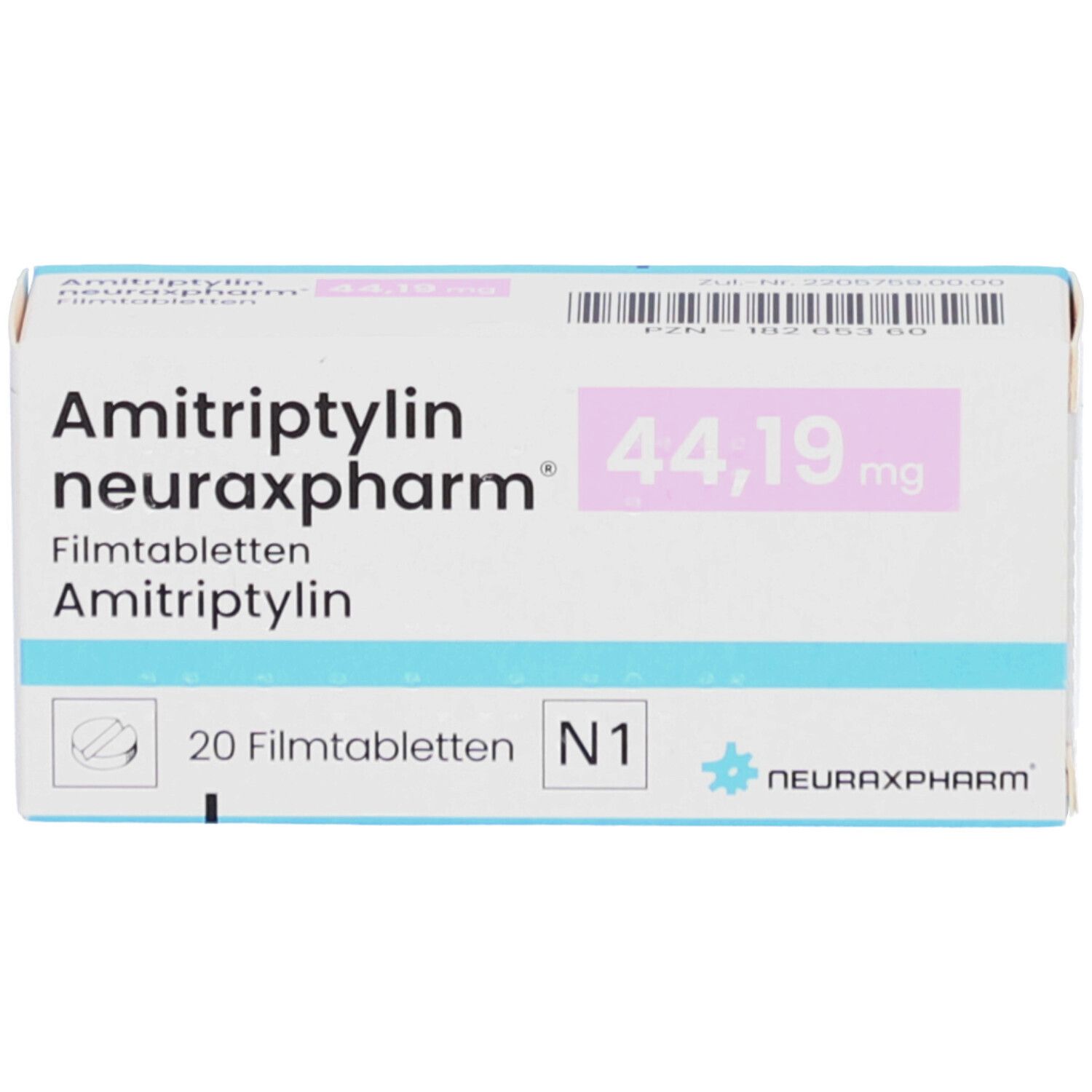 Schachtel mit AMITRIPTYLIN neuraxpharm Filmtabletten. Aufdruck: 44,19 mg, 20 Filmtabletten. Logo neuraxpharm.