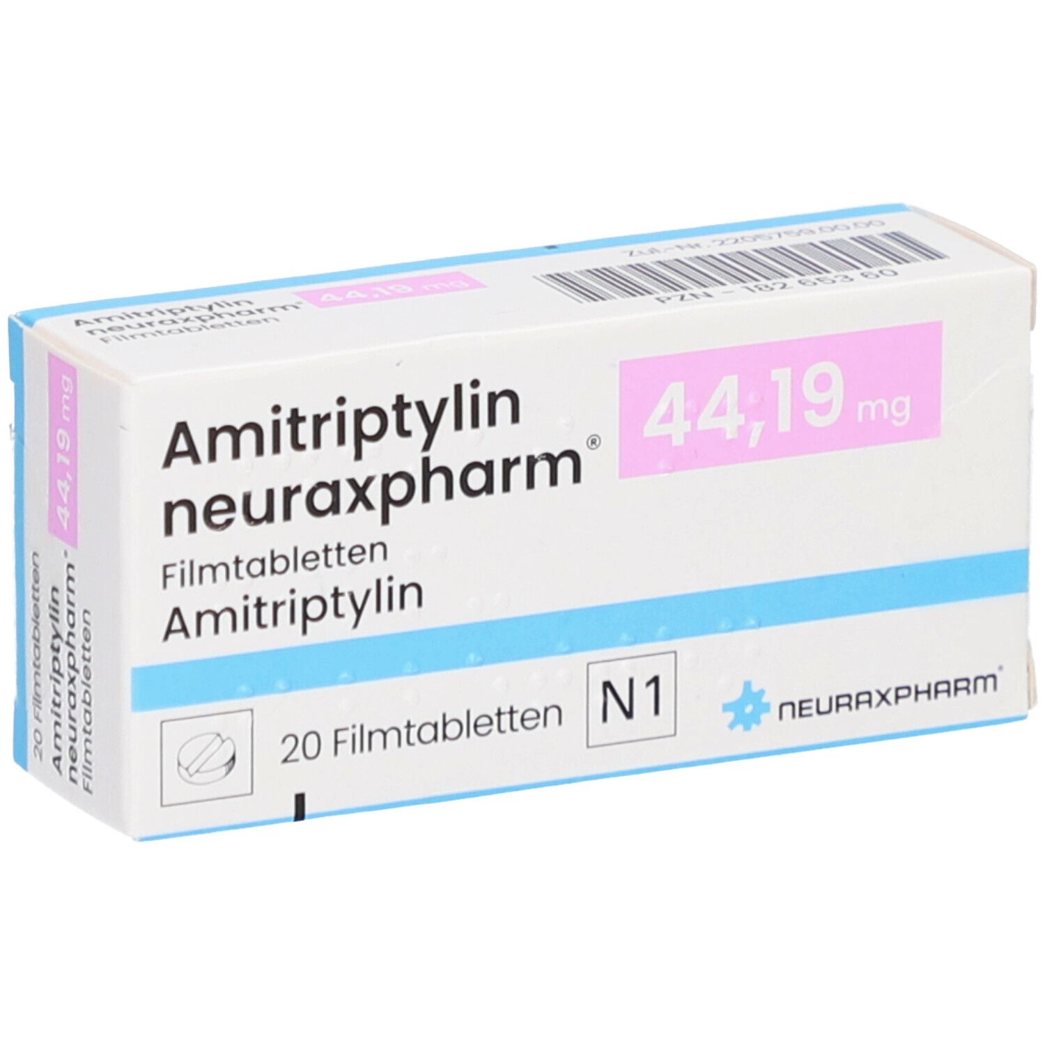 Schachtel AMITRIPTYLIN neuraxpharm, schräg. Aufdruck: 44,19 mg, 20 Filmtabletten. Logo neuraxpharm. Blaue und rosa Elemente.