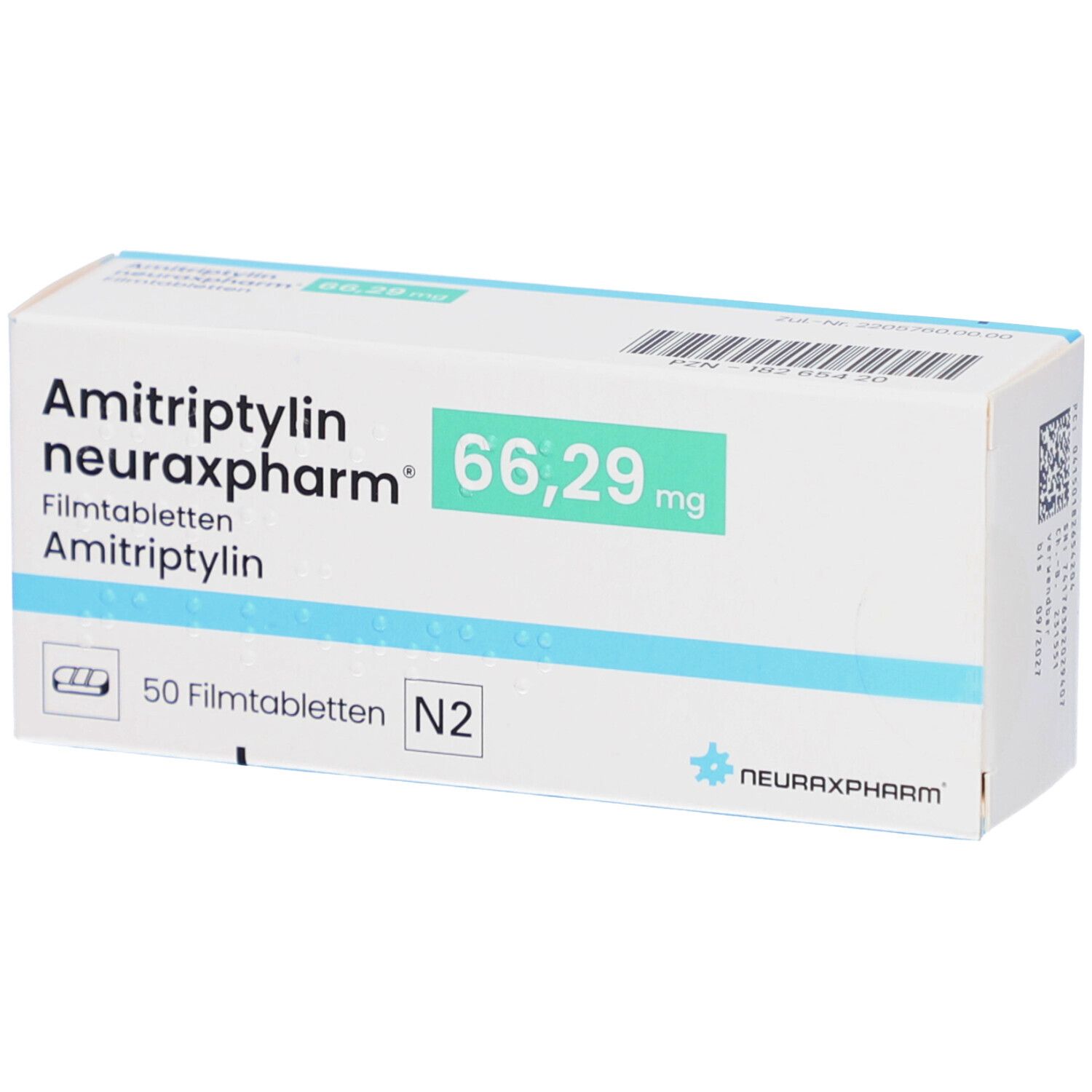 Schachtel mit AMITRIPTYLIN neuraxpharm 66,29 mg Filmtabletten. Aufschrift: 50 Filmtabletten N2. Grün markierte Dosierung.
