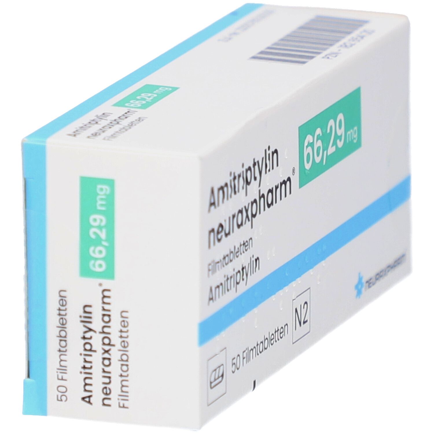 Schräg gestellte Schachtel mit AMITRIPTYLIN neuraxpharm 66,29 mg Filmtabletten. Aufschrift: 50 Filmtabletten N2. Grün markierte Dosierung.
