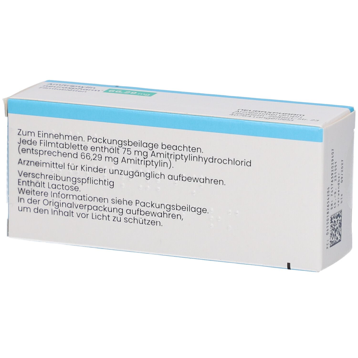 Rückseite der Schachtel mit Text. Enthält Informationen zu AMITRIPTYLIN neuraxpharm 66,29 mg Filmtabletten. Text in Deutsch.