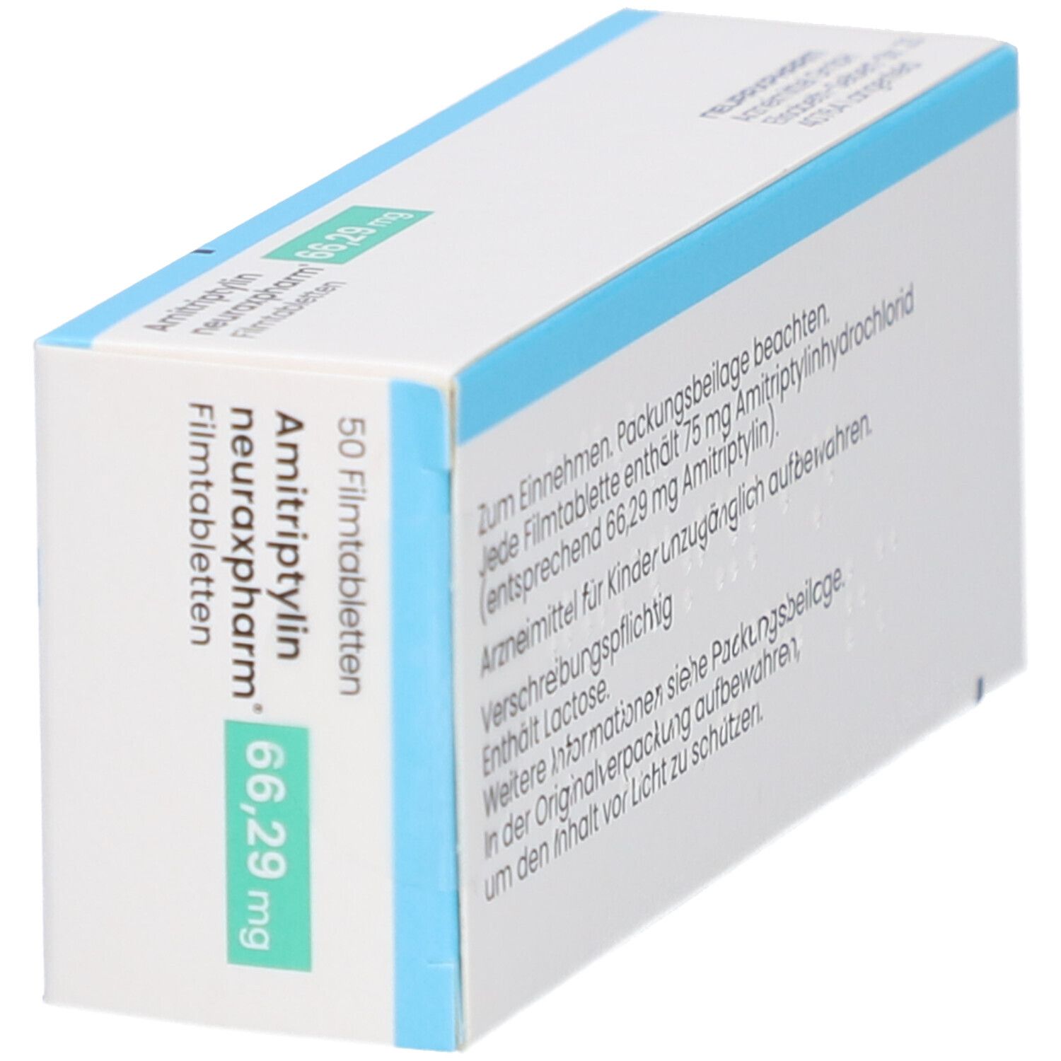 Schräg gestellte Schachtel mit AMITRIPTYLIN neuraxpharm 66,29 mg Filmtabletten. Aufschrift: 50 Filmtabletten. Blaue Akzente.