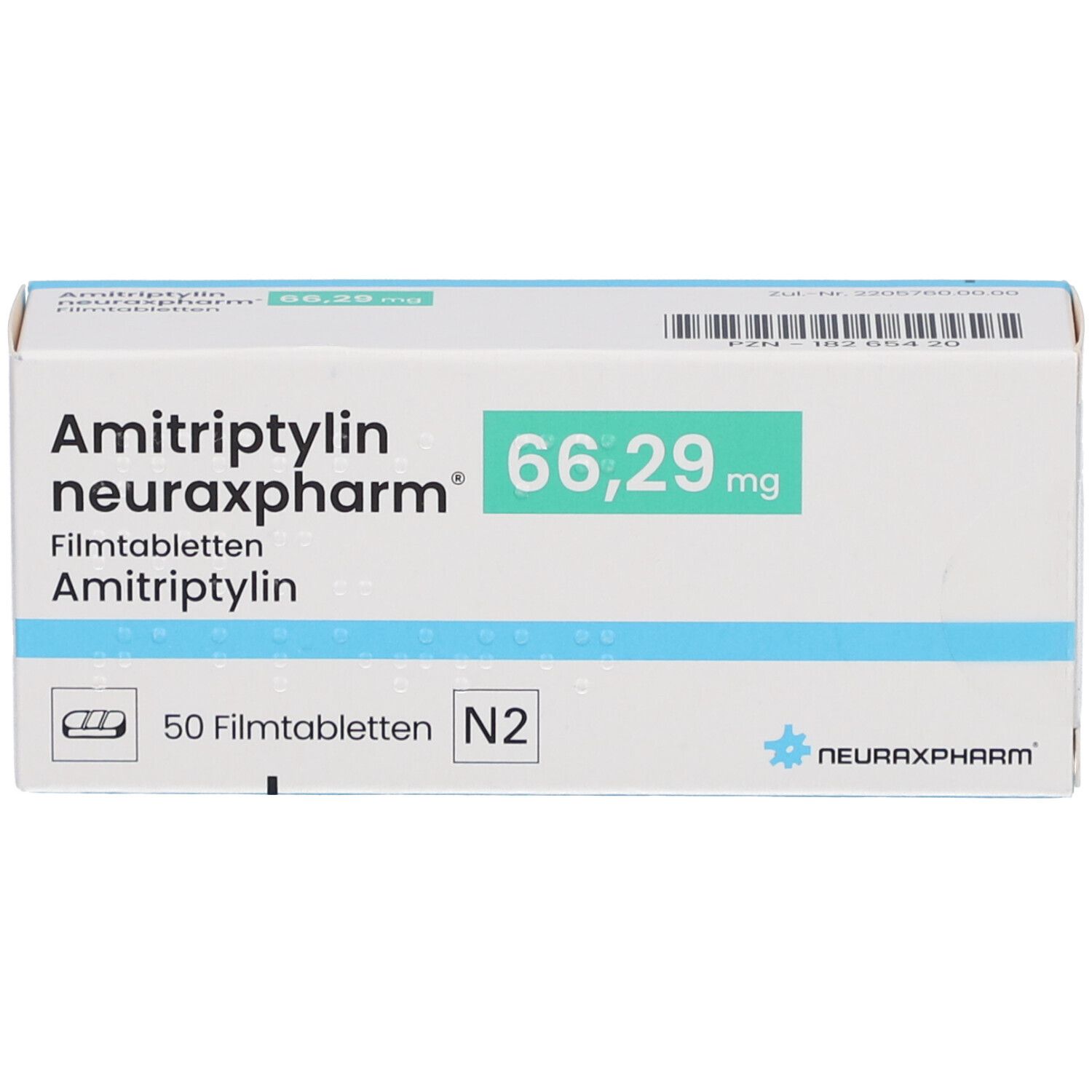 Schachtel mit AMITRIPTYLIN neuraxpharm 66,29 mg Filmtabletten. Aufschrift: 50 Filmtabletten N2. Grün markierte Dosierung.