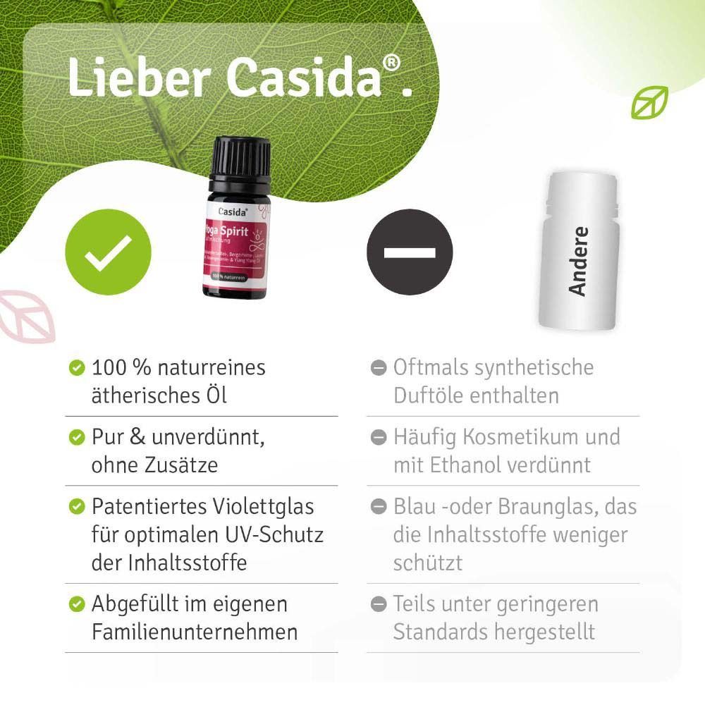 Casida® Yoga Spirit Flasche. 100% naturreine ätherische Öle. Patentiertes Violettglas. Abgefüllt im Familienunternehmen.