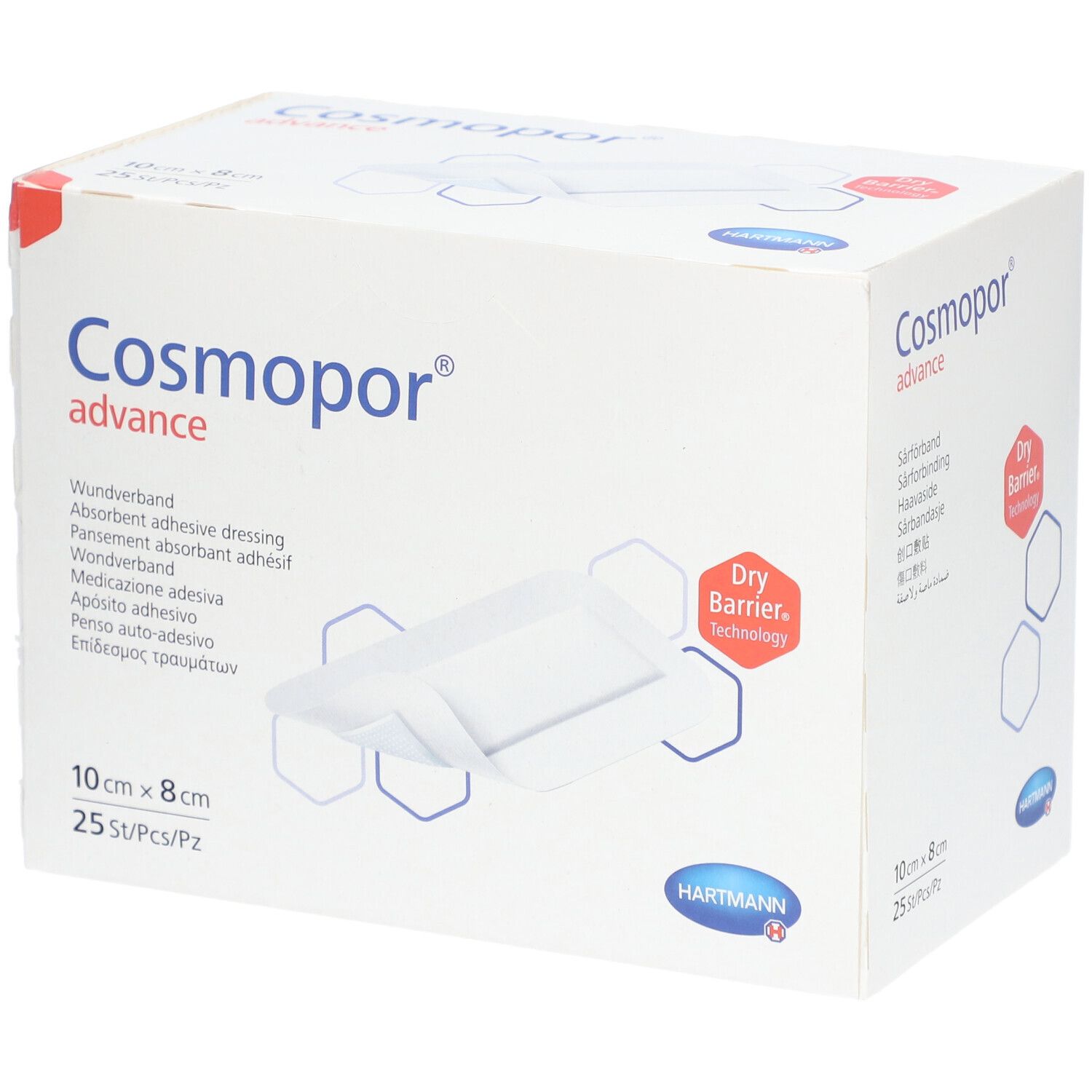 Cosmopor Advance Wundverband, 10x8 cm, 25 Stück. Mit Dry Barrier Technology.