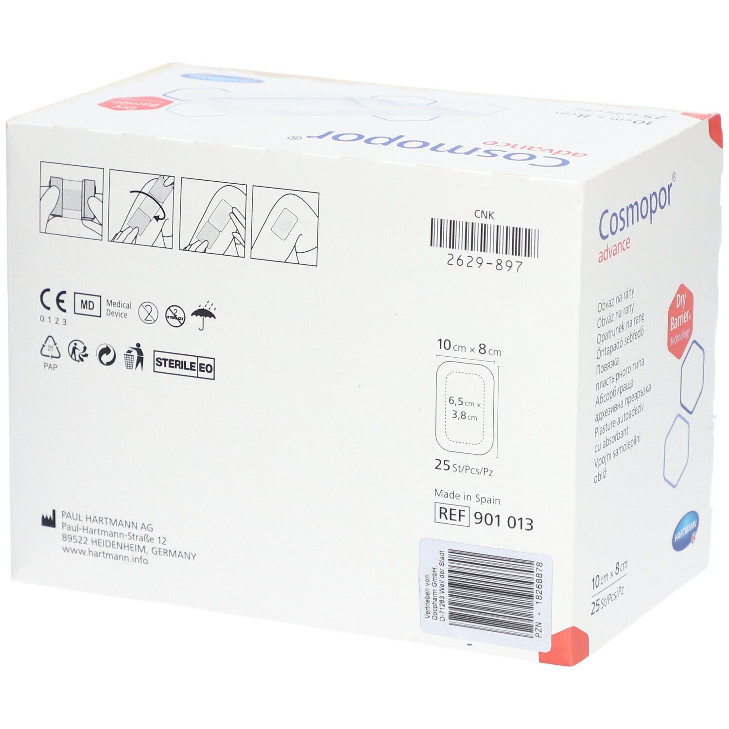 Rückseite Cosmopor Advance Wundverband-Packung. Enthält CE, MD, Sterile EO Kennzeichnungen.