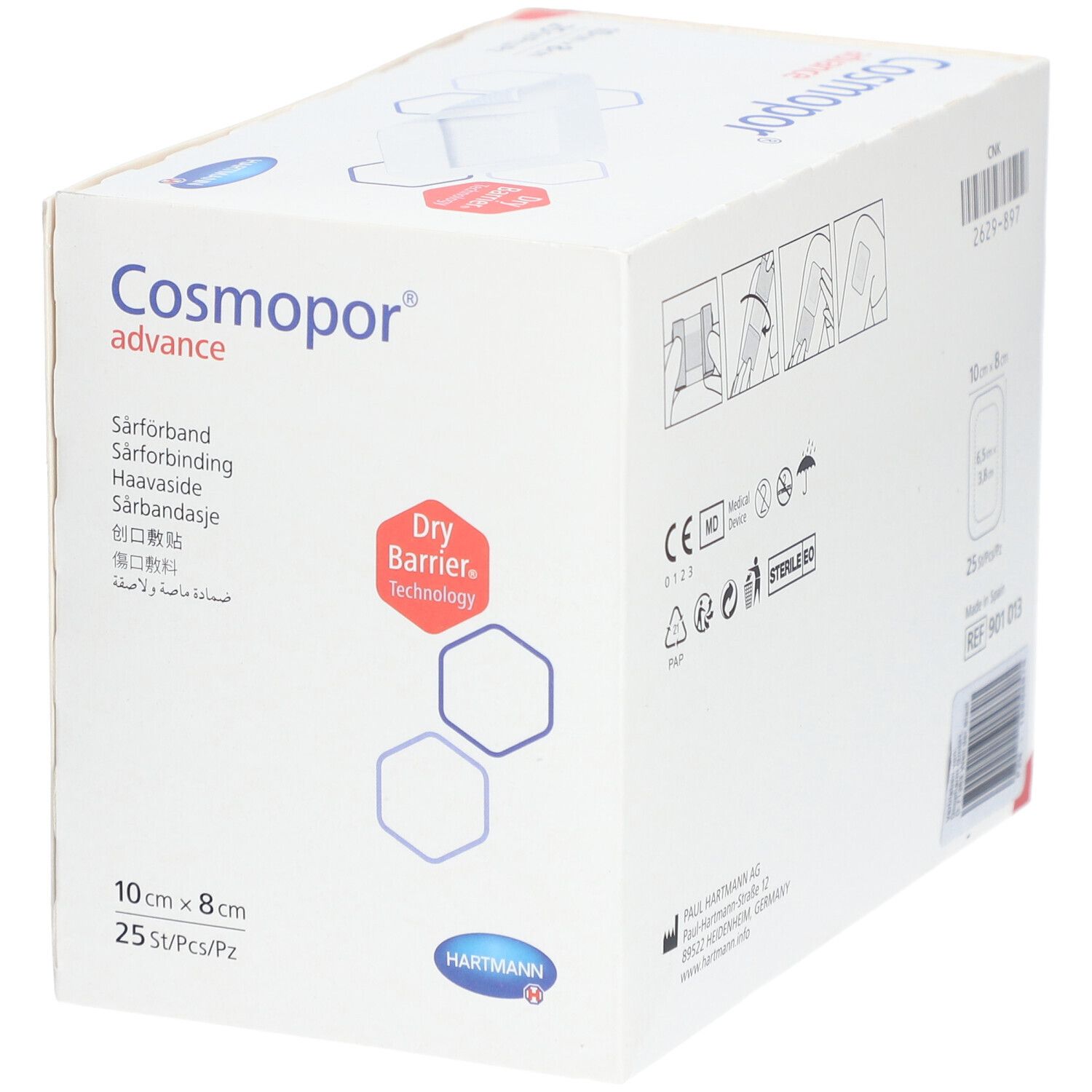 Cosmopor Advance Wundverband, 10x8 cm, 25 Stück. Mit Dry Barrier Technology.