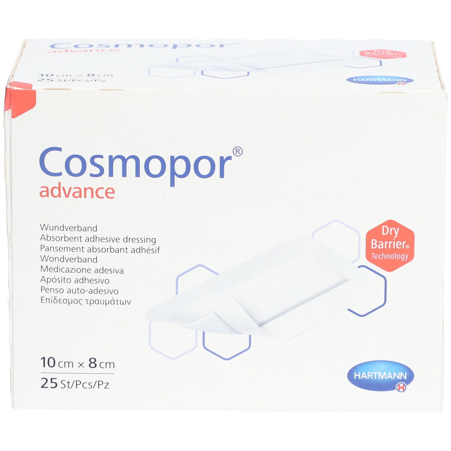 Cosmopor Advance Wundverband, 10x8 cm, 25 Stück. Mit Dry Barrier Technology.