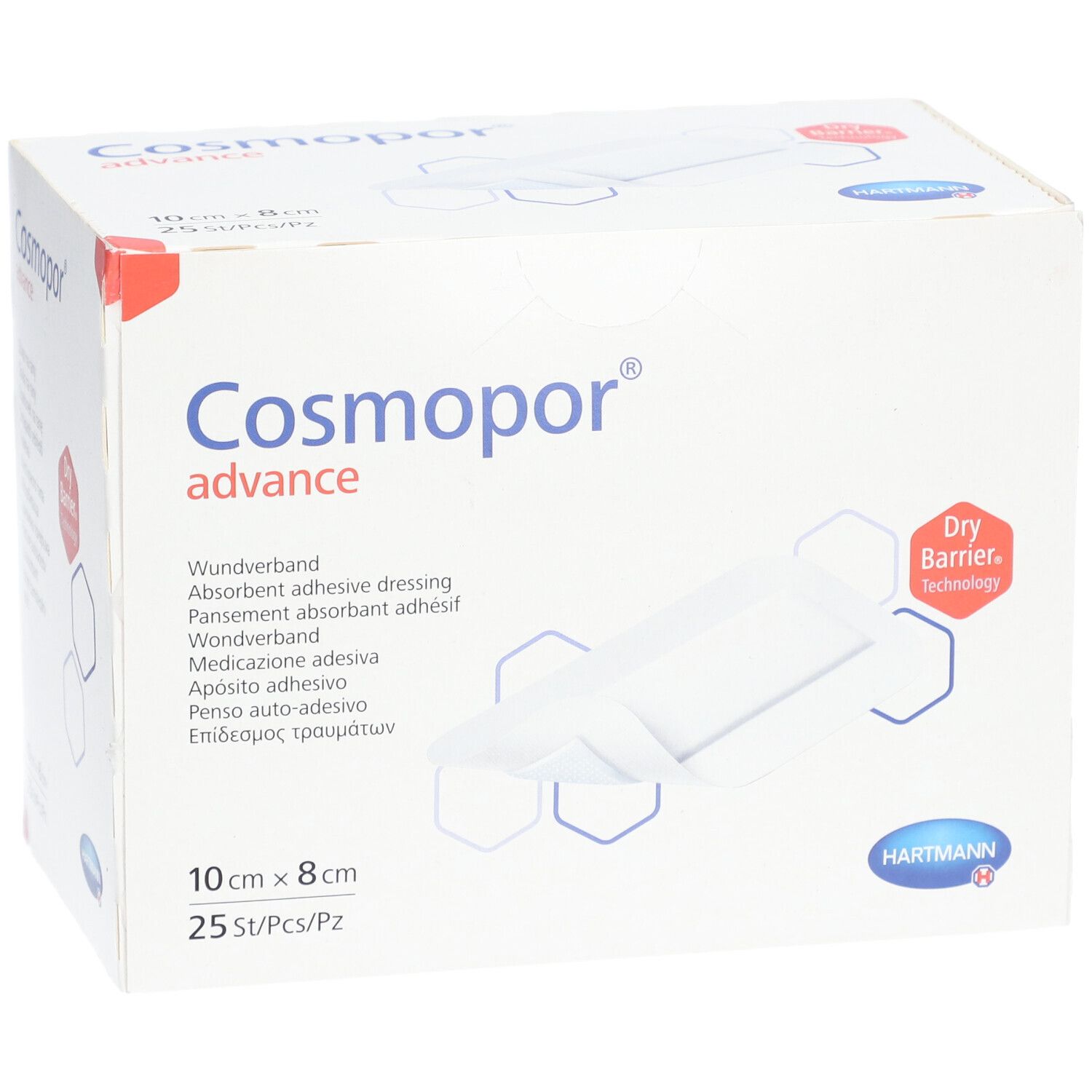 Cosmopor Advance Wundverband, 10x8 cm, 25 Stück. Mit Dry Barrier Technology.
