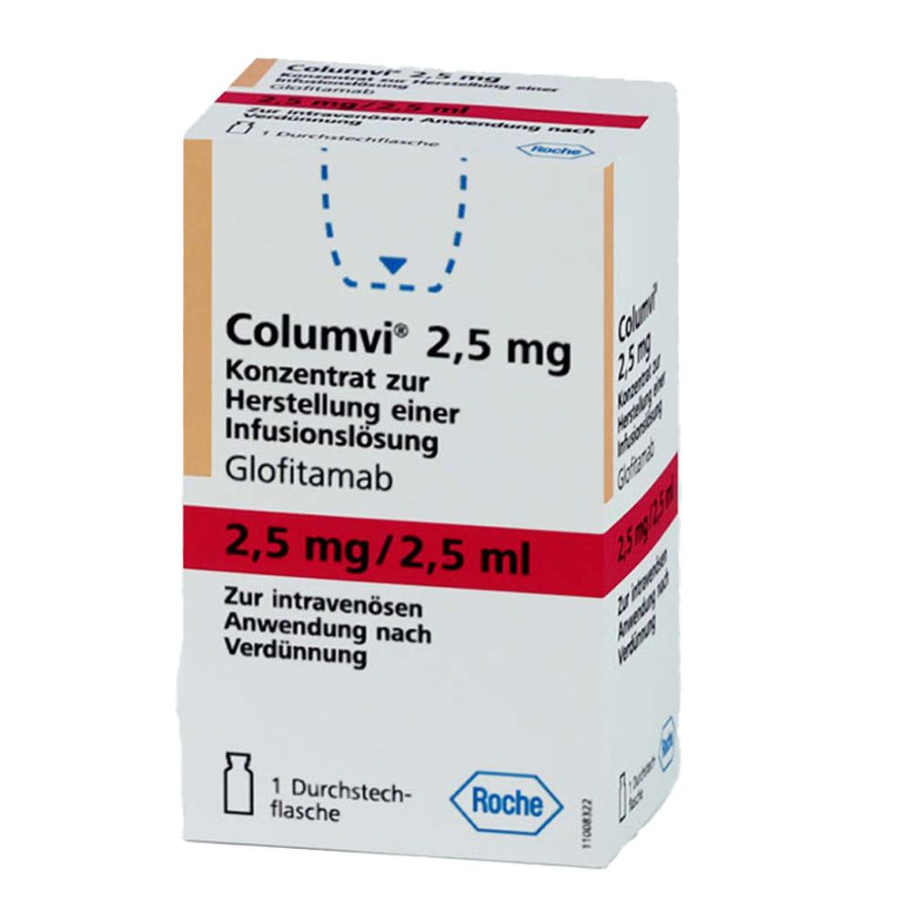 Karton mit Aufschrift Columvi 2,5 mg. Konzentrat zur Herstellung einer Infusionslösung. Enthält Glofitamab. Roche-Logo.