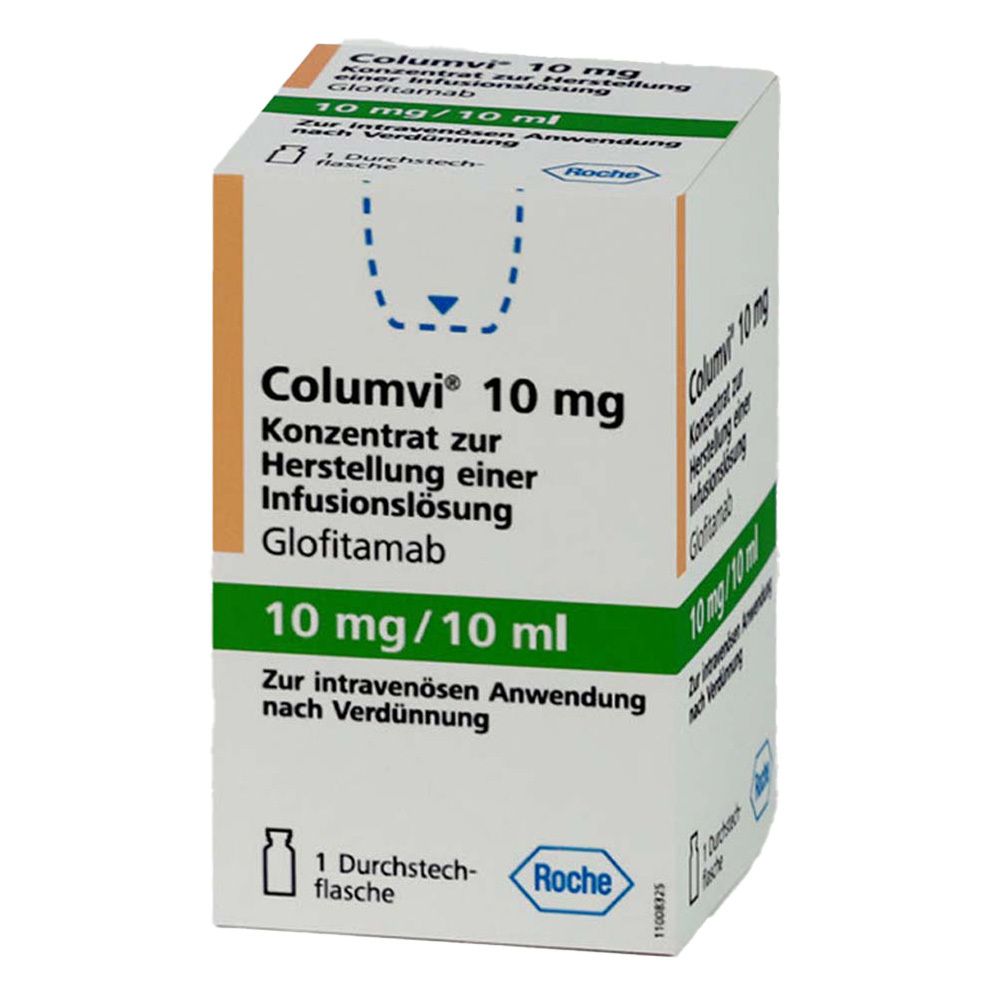 Verpackung von Columvi 10 mg. Weißer Karton mit grünen und orangefarbenen Akzenten. Text: Konzentrat zur Herstellung einer Infusionslösung.