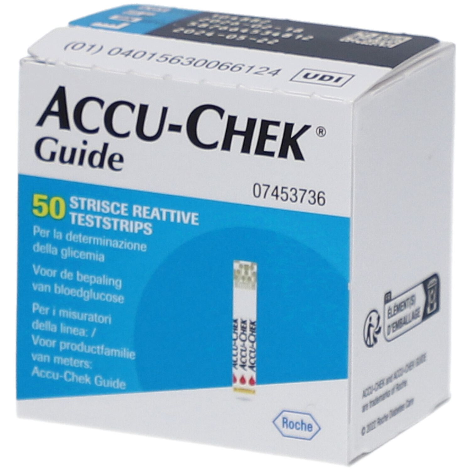 Schachtel mit ACCU-CHEK Guide Teststreifen. Enthält 50 Teststreifen. Aufgedruckte Informationen in mehreren Sprachen.