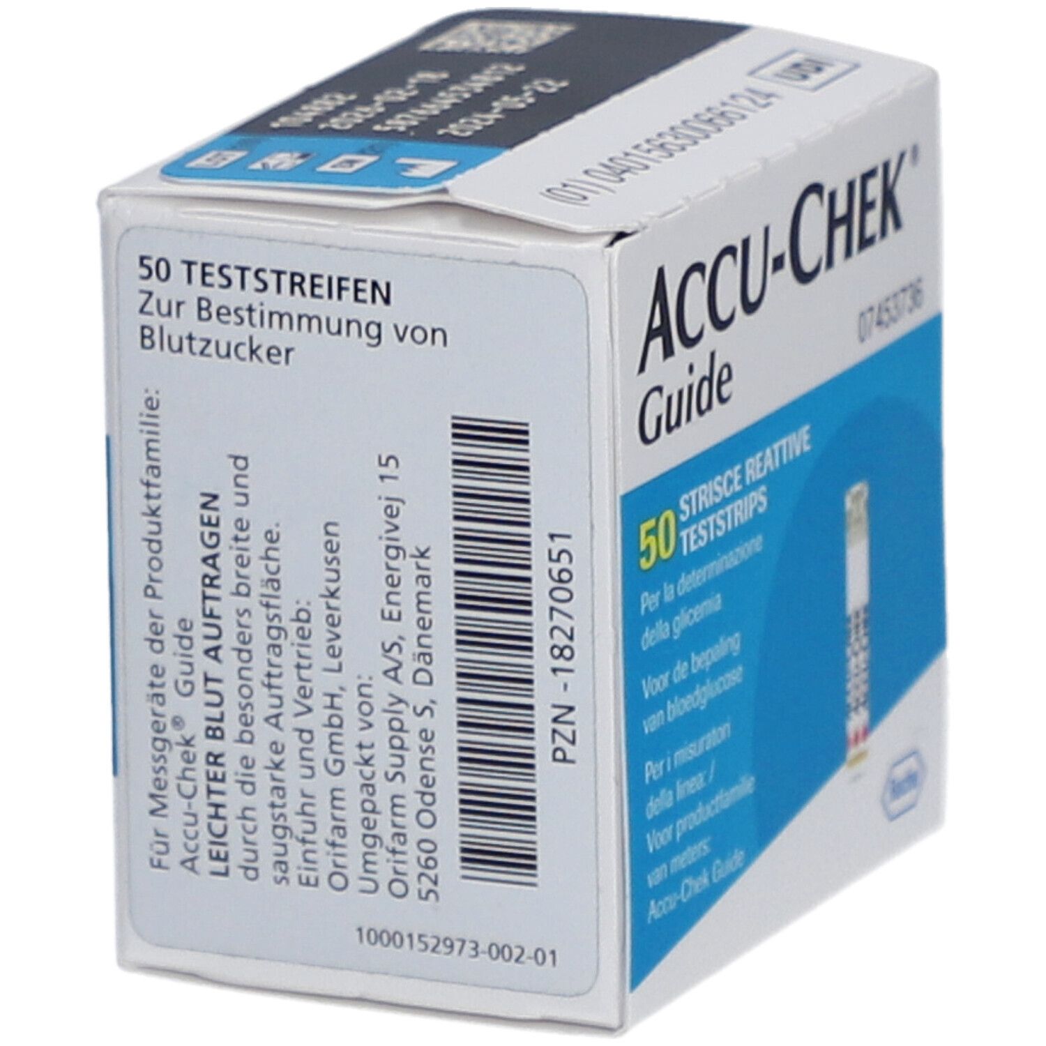 Schachtel mit ACCU-CHEK Guide Teststreifen. Enthält 50 Teststreifen. Barcode und Informationen zur Produktfamilie.