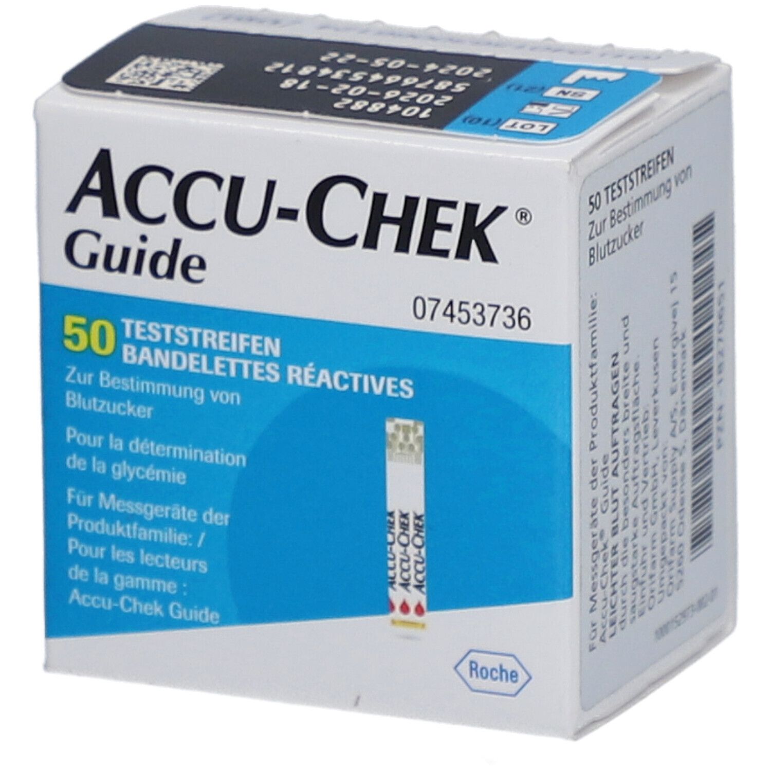 Schachtel mit ACCU-CHEK Guide Teststreifen. Enthält 50 Teststreifen. Mehrsprachige Informationen und Chargennummer.