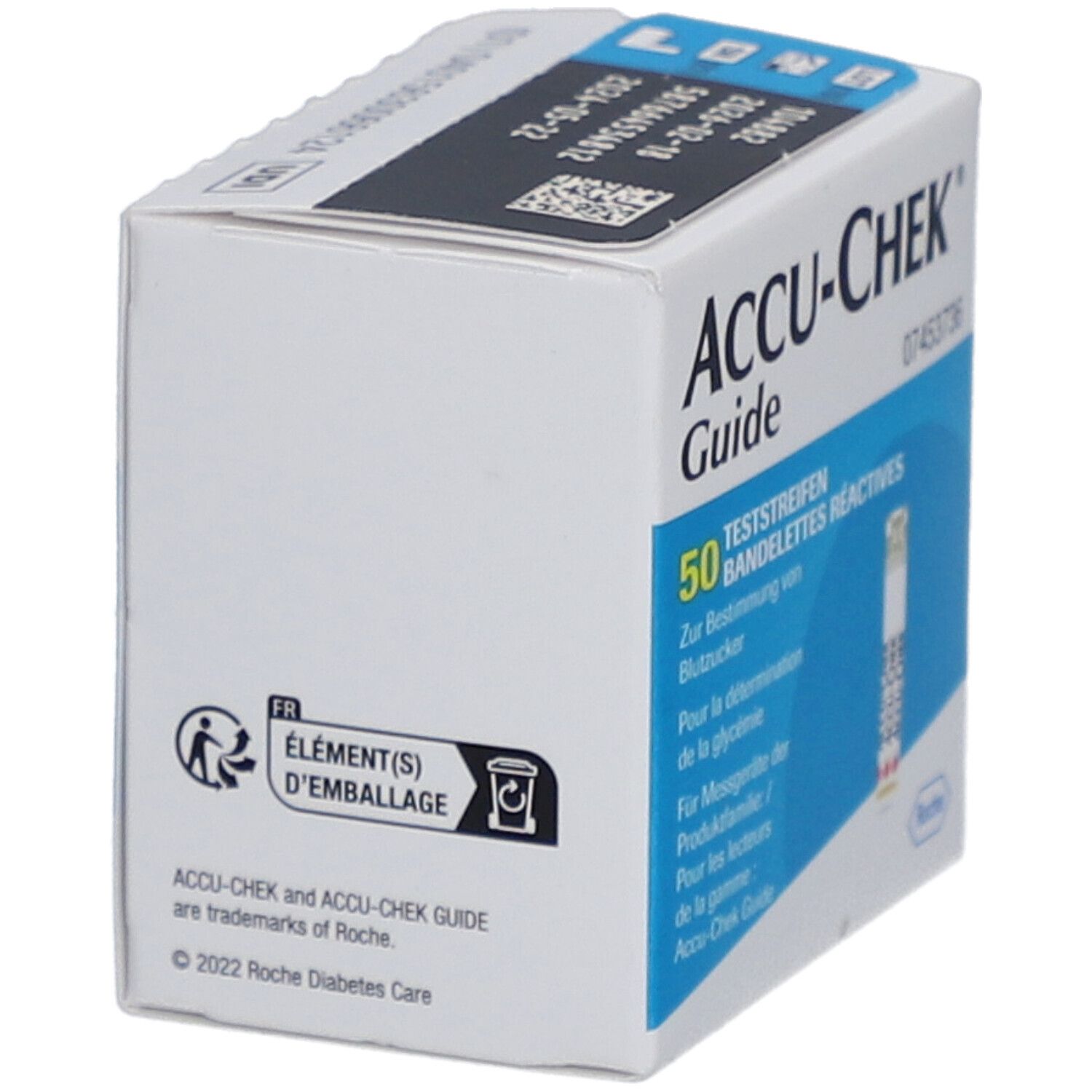 Schachtel mit ACCU-CHEK Guide Teststreifen. Enthält 50 Teststreifen. Logo und Informationen zur Entsorgung.