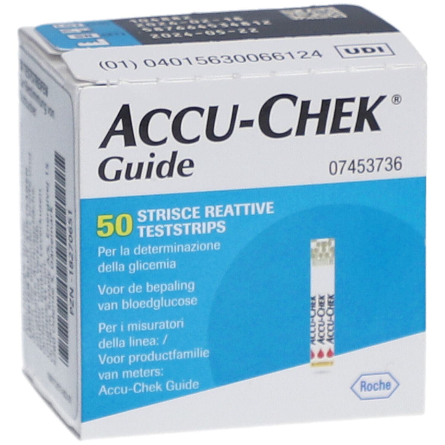 Schachtel mit ACCU-CHEK Guide Teststreifen. Enthält 50 Teststreifen. Mehrsprachige Informationen und Teststreifen-Abbildung.