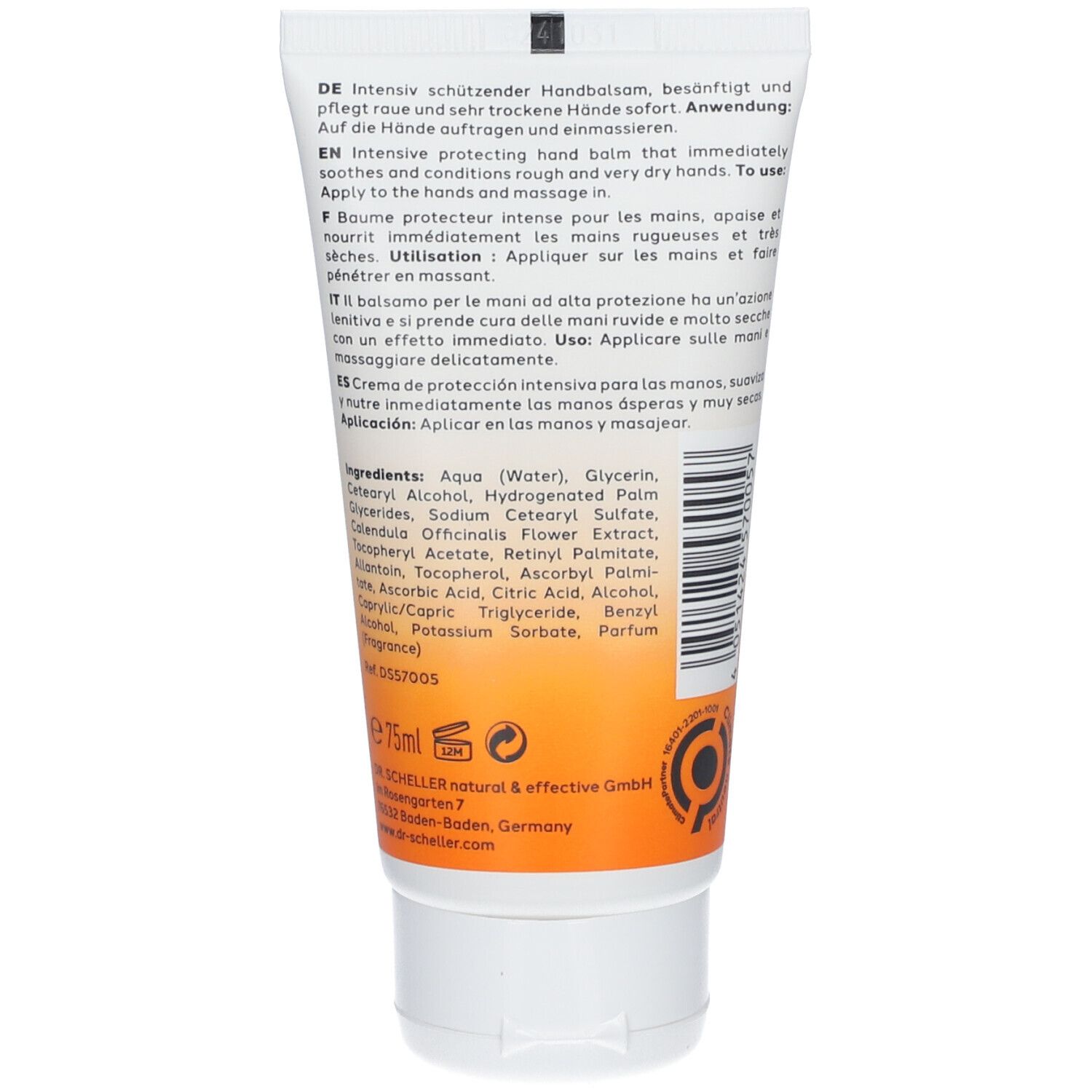Rückseite der Tube. Text in Deutsch, Englisch, Französisch und Italienisch. Inhaltsstoffe und Herstellerangaben. Orangefarbener Streifen.