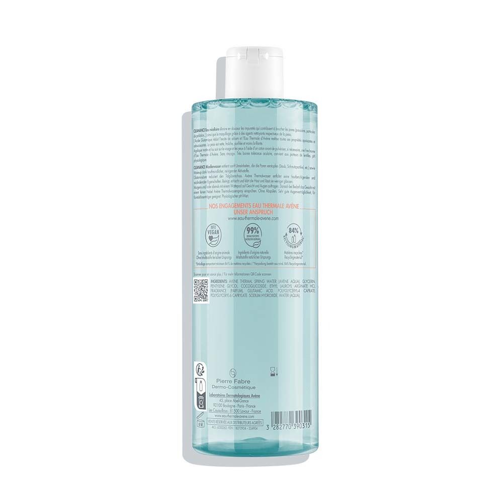 Rückseite der Avène Cleanance Mizellenwasser Flasche. Text, Inhaltsstoffe, Zertifizierungen.