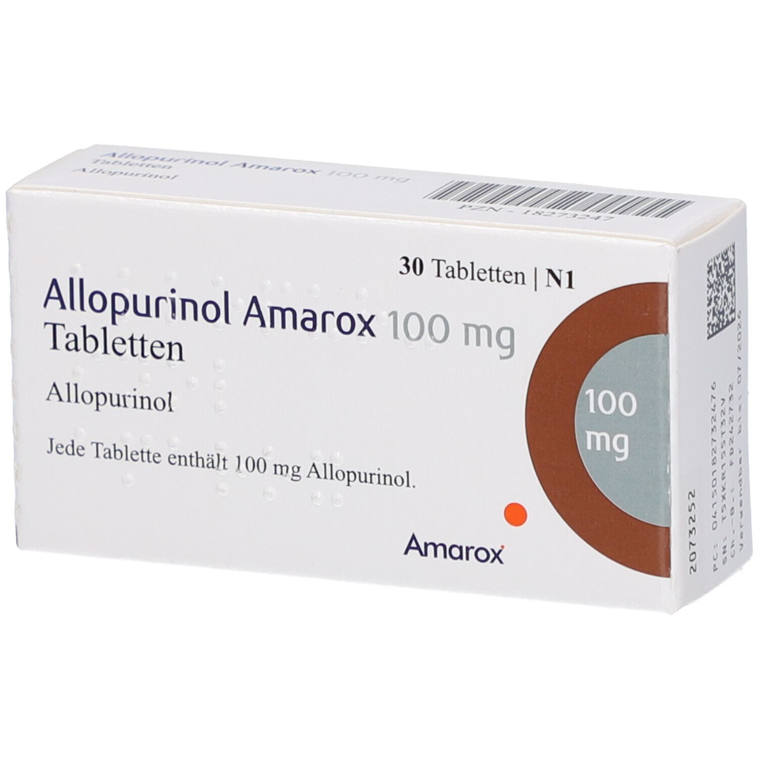Weiße Tablettenbox mit Aufschrift 'Allopurinol Amarox 100 mg Tabletten'. Enthält 30 Tabletten. Braunes Kreismotiv mit '100 mg'.