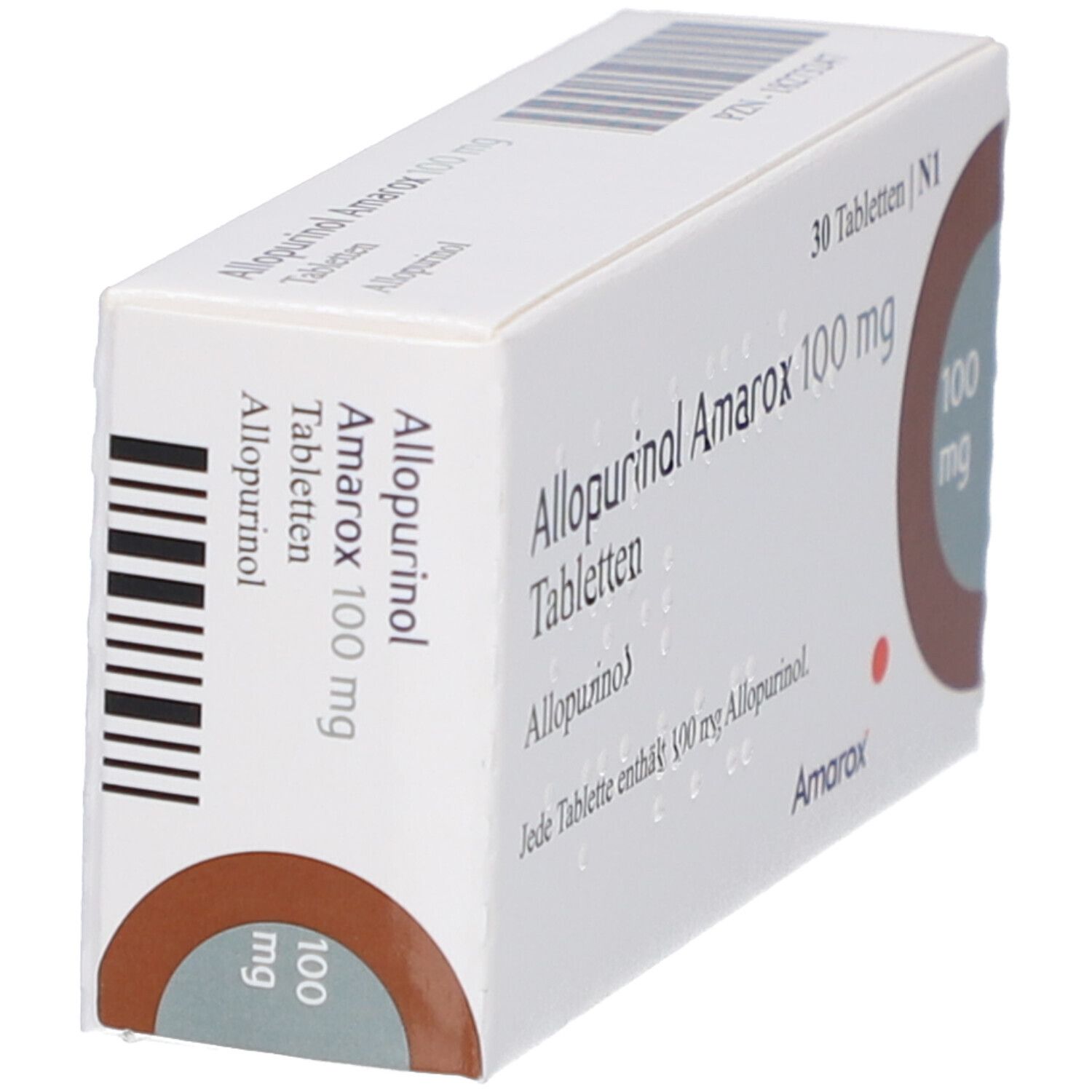 Tablettenbox 'Allopurinol Amarox 100 mg Tabletten'. Seitenansicht. Braunes Kreismotiv mit '100 mg'. Barcode und Text auf der Seite.