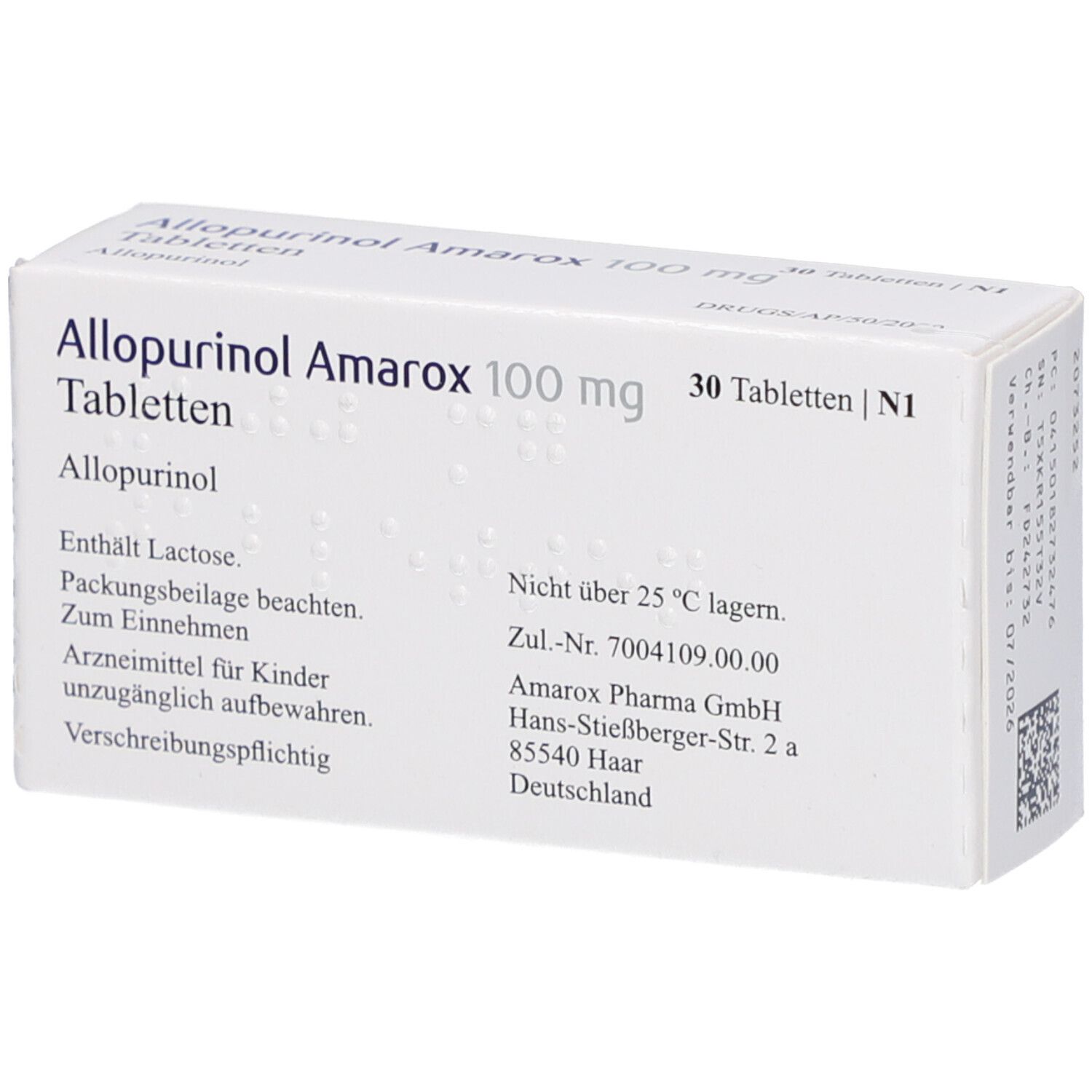 Tablettenbox 'Allopurinol Amarox 100 mg Tabletten'. Rückseite mit Text. Enthält Informationen wie 'Nicht über 25 °C lagern'.