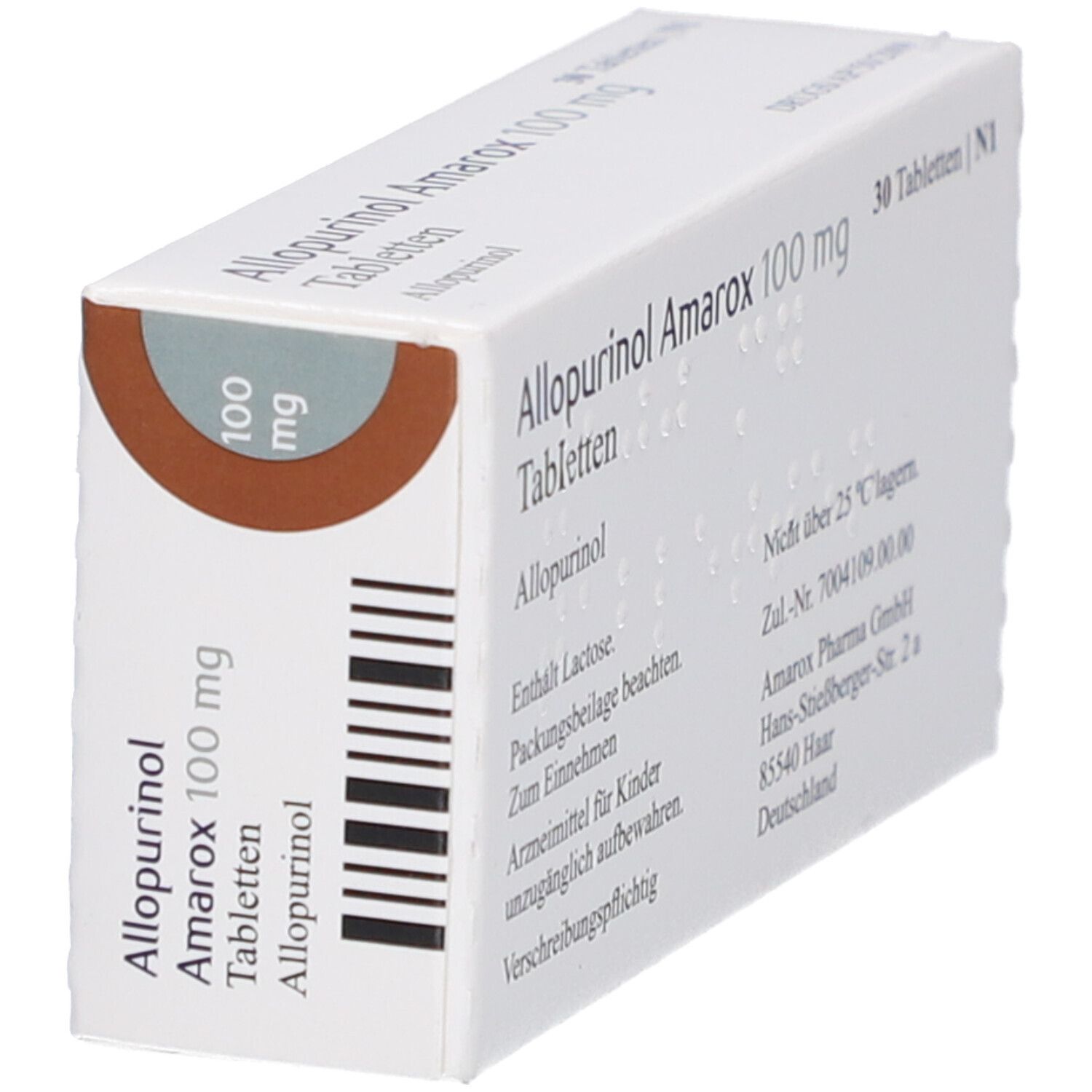 Tablettenbox 'Allopurinol Amarox 100 mg Tabletten'. Schräge Ansicht. Text und Barcode auf der Seite. Braunes Kreismotiv.