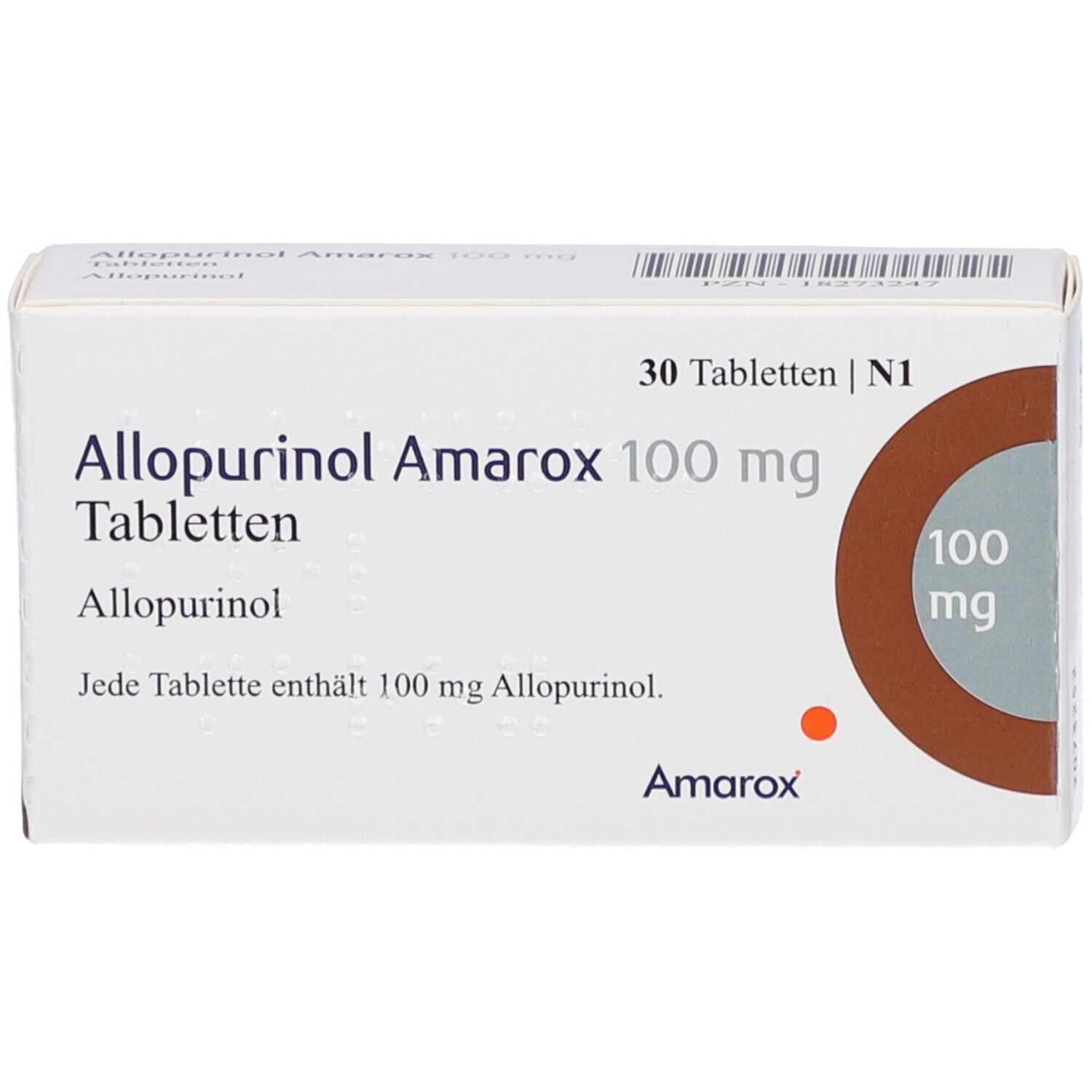 Weiße Tablettenbox 'Allopurinol Amarox 100 mg Tabletten'. Enthält 30 Tabletten. Braunes Kreismotiv mit '100 mg'. Marke 'Amarox'.