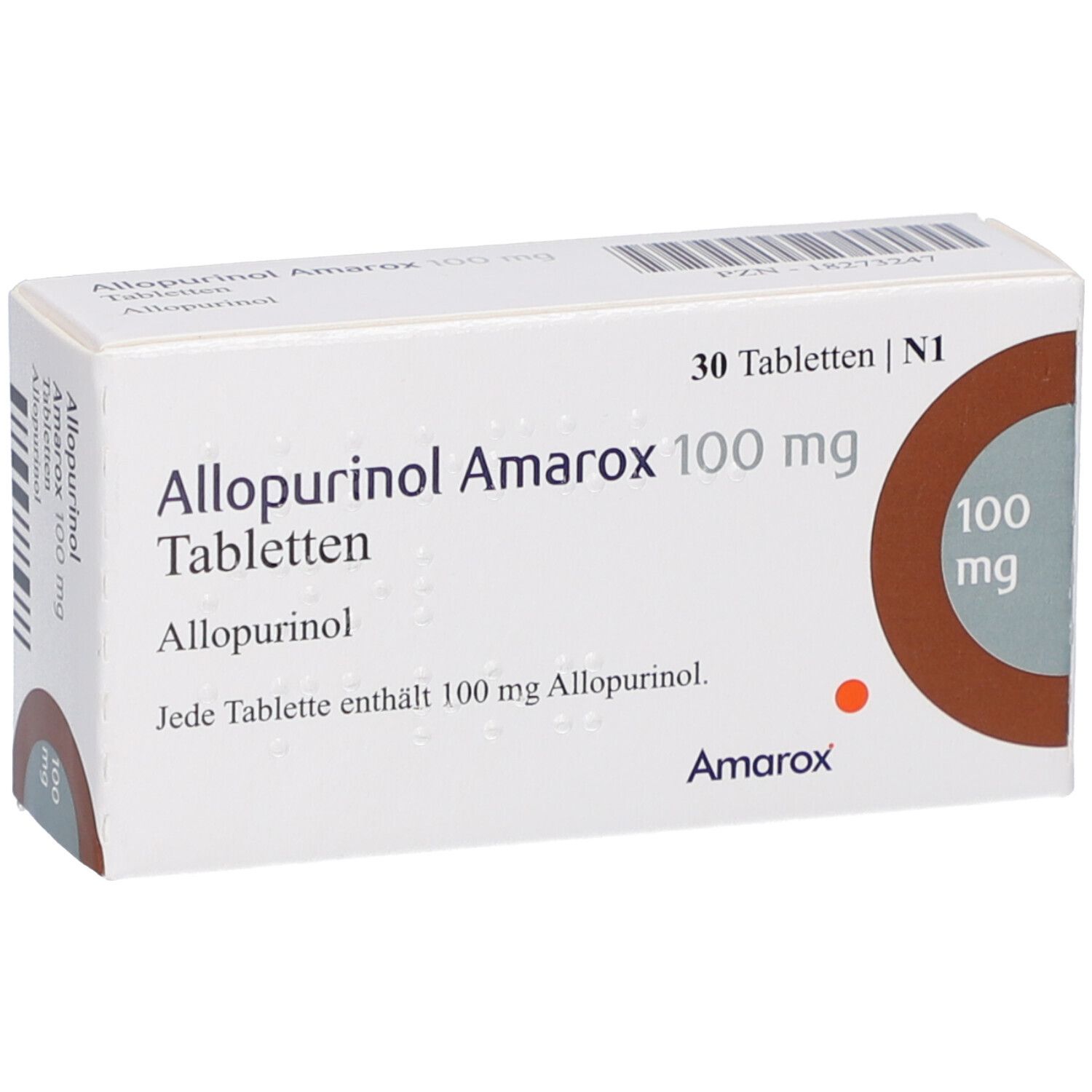 Tablettenbox 'Allopurinol Amarox 100 mg Tabletten'. Schräge Ansicht. Braunes Kreismotiv mit '100 mg'. Marke 'Amarox'.