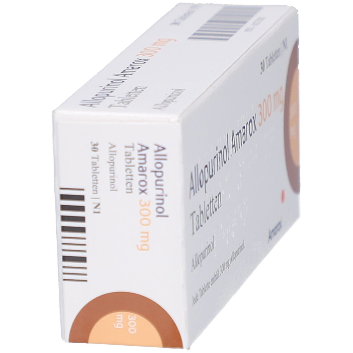 Tablettenbox, schräg von der Seite. Aufschrift 'Allopurinol Amarox 300 mg Tabletten'. Barcode und braunes Kreiselement.