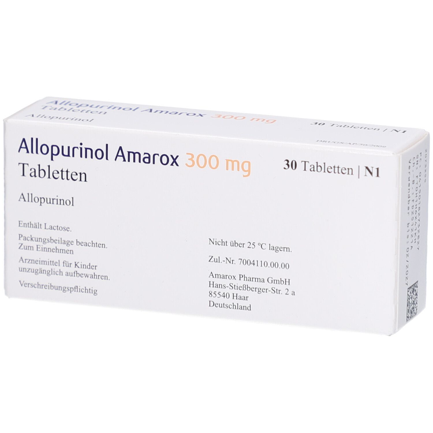 Weiße Tablettenbox mit Aufschrift 'Allopurinol Amarox 300 mg Tabletten'. Enthält 30 Tabletten. Text mit Lagerhinweis.