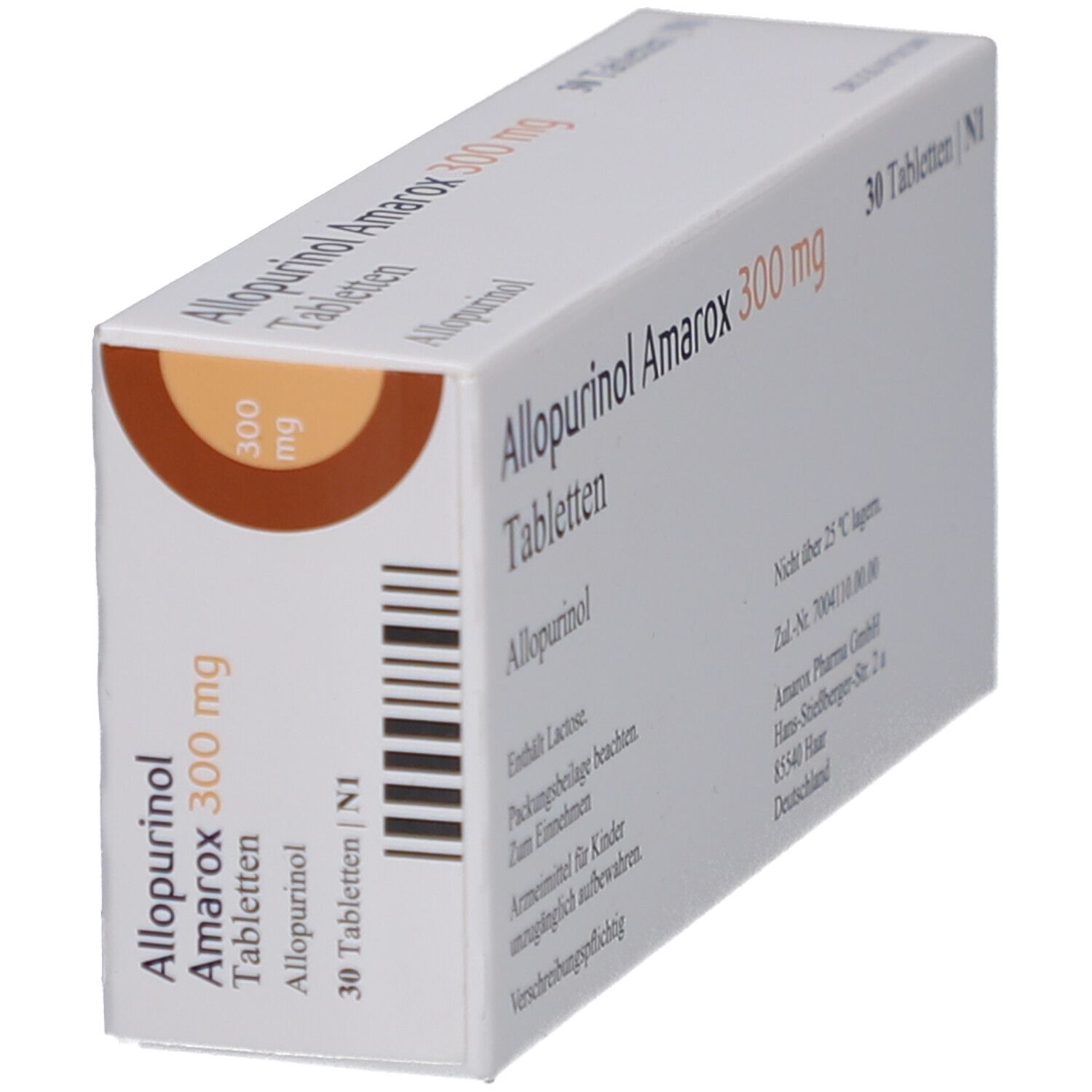 Tablettenbox, schräg von der Seite. Aufschrift 'Allopurinol Amarox 300 mg Tabletten'. Barcode und braunes Kreiselement.