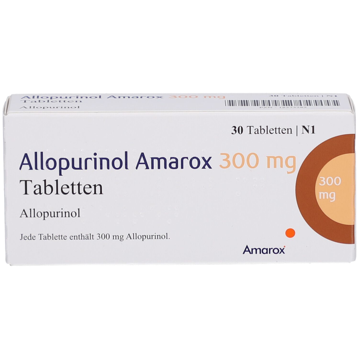 Weiße Tablettenbox mit Aufschrift 'Allopurinol Amarox 300 mg Tabletten'. Enthält 30 Tabletten. Braunes Kreiselement.