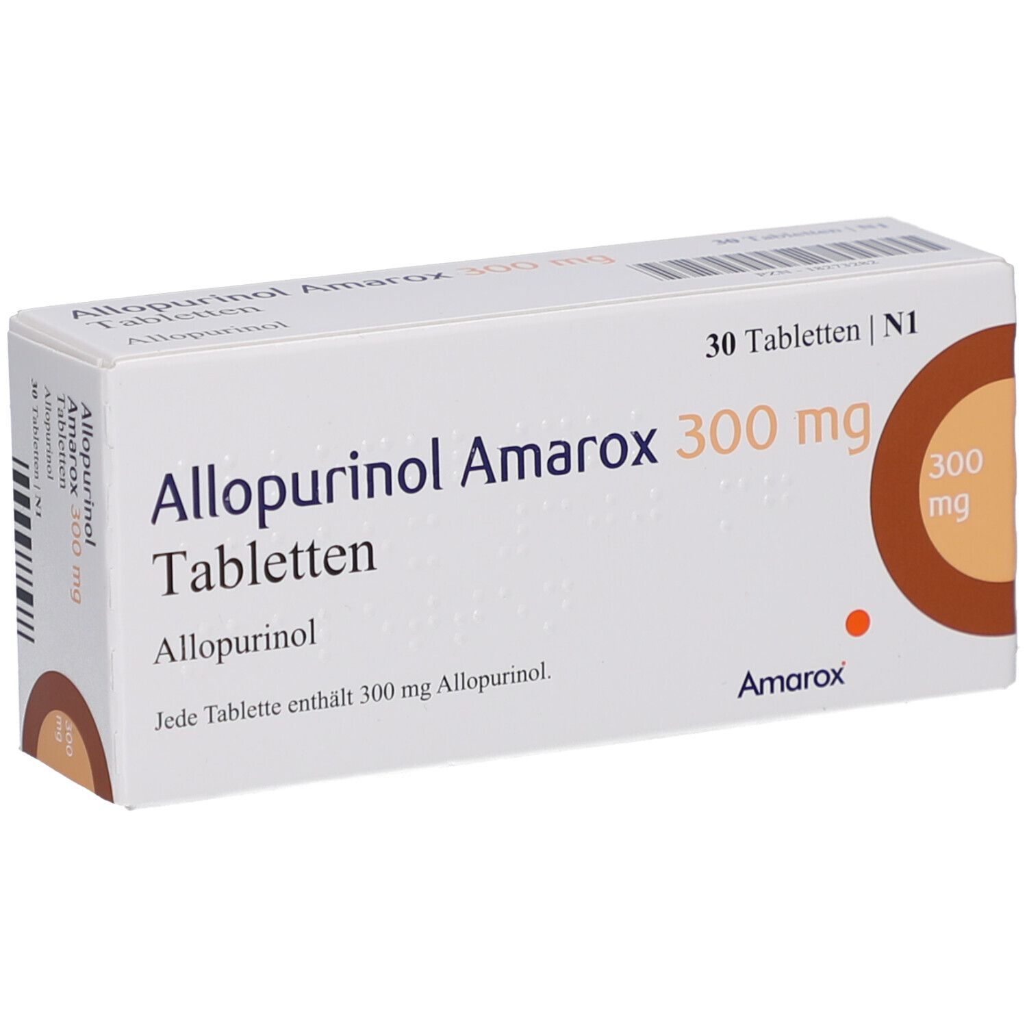 Weiße Tablettenbox mit Aufschrift 'Allopurinol Amarox 300 mg Tabletten'. Enthält 30 Tabletten. Braunes Kreiselement.